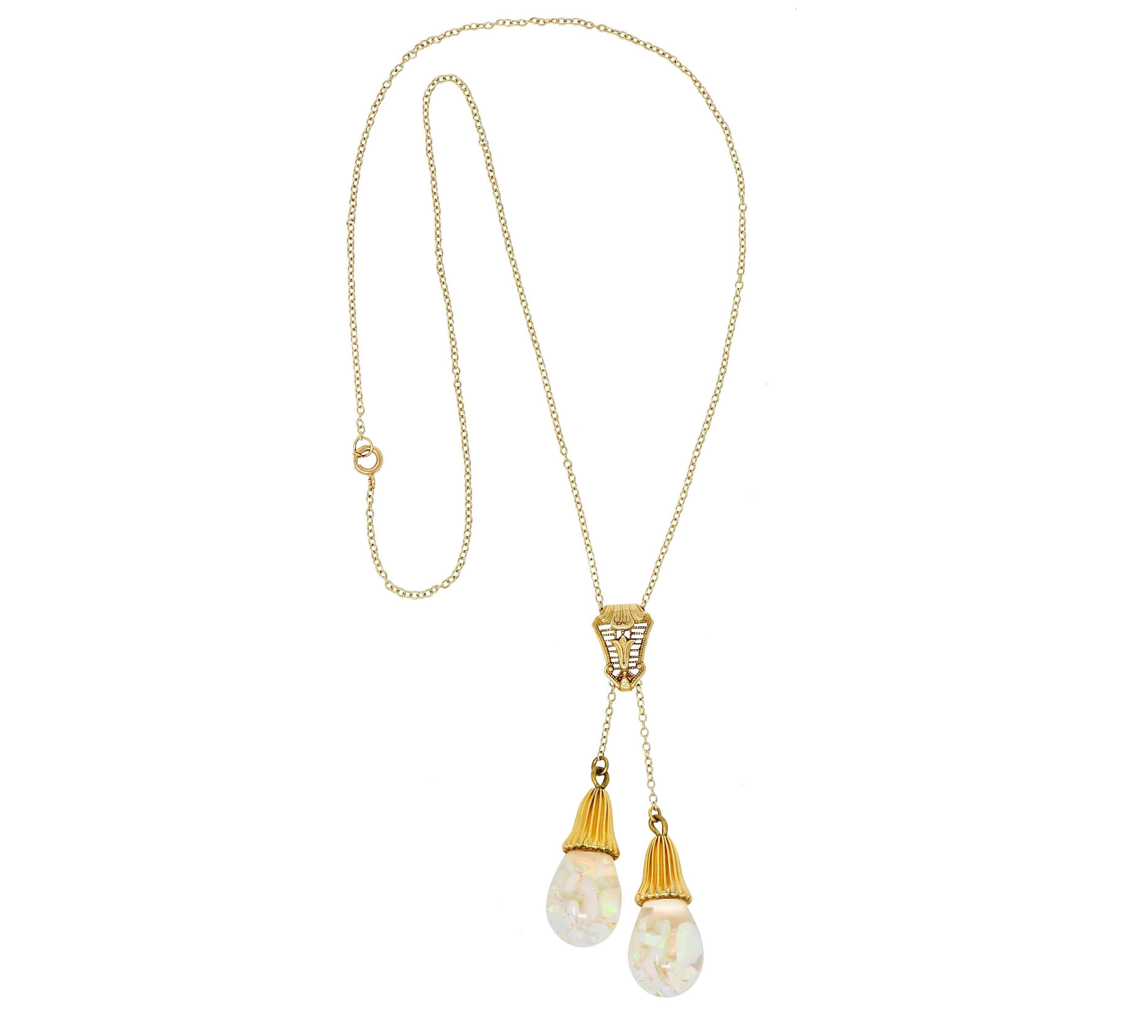 Art Deco Floating Opal 14 Karat Gold Double Drop Necklace 1