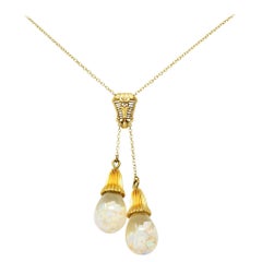 Art Deco Floating Opal 14 Karat Gold Double Drop Necklace