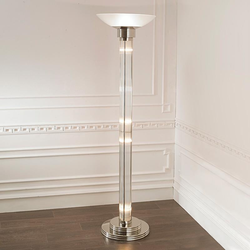 Art Deco floor lamp with nickel finish and glass.