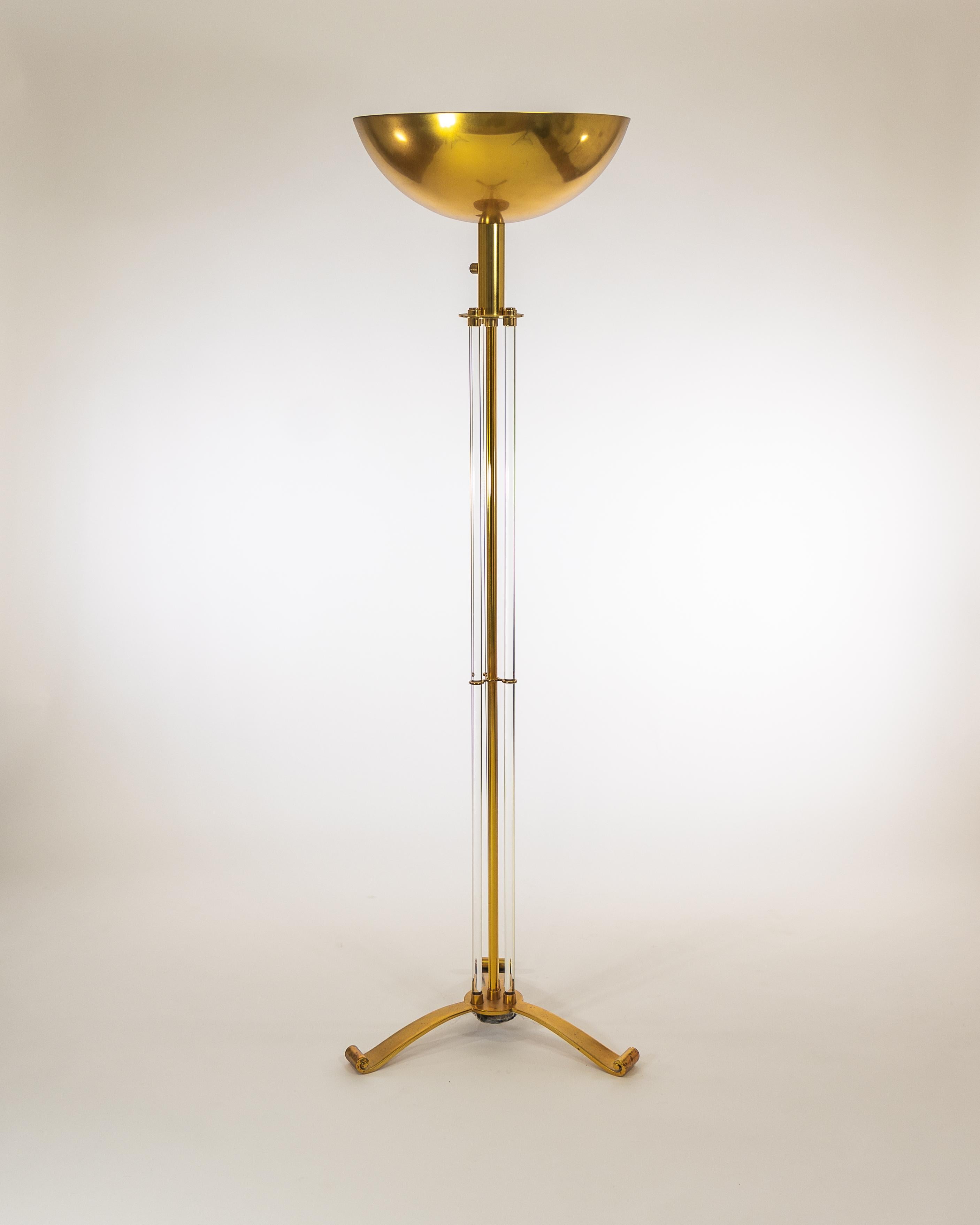 Beautifull Floor lamp by Jules LELEU.
 3 Crystal tubes and stucture in brass gold finish.

This floor lamp designed by LELEU in the 1950s includes a brass shade with concealed bulbs inside. 
French plug with on/off button on the wire and brass