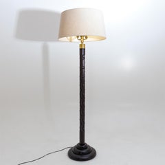 Art Deco Floor Lamp, Stained Oak, Brass Sockets, France, Circa 1920