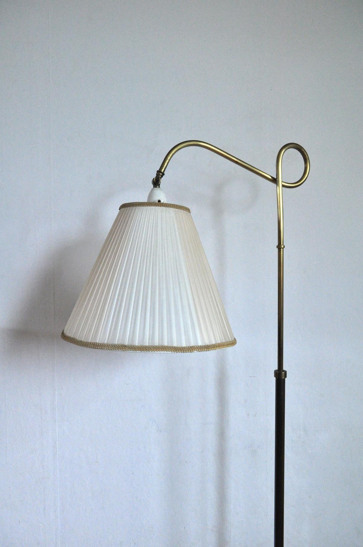 Norwegian Art Deco Floor Lamp in Brass and Browned Brass with Original Shade