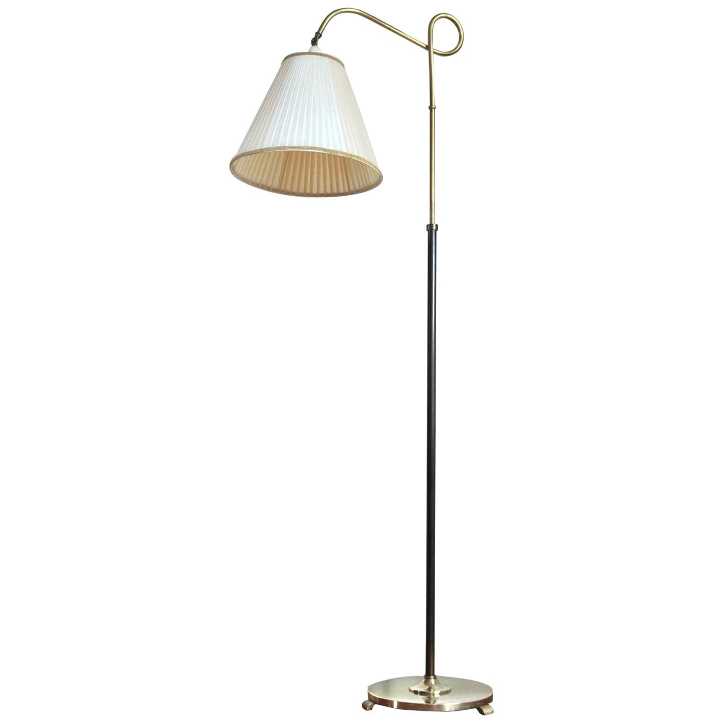 Lampadaire Art Déco en laiton et laiton bruni avec abat-jour original