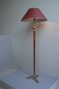 Art Deco Floor Lamp in Walnut Wood, with Fine Brass Details, France 1930's