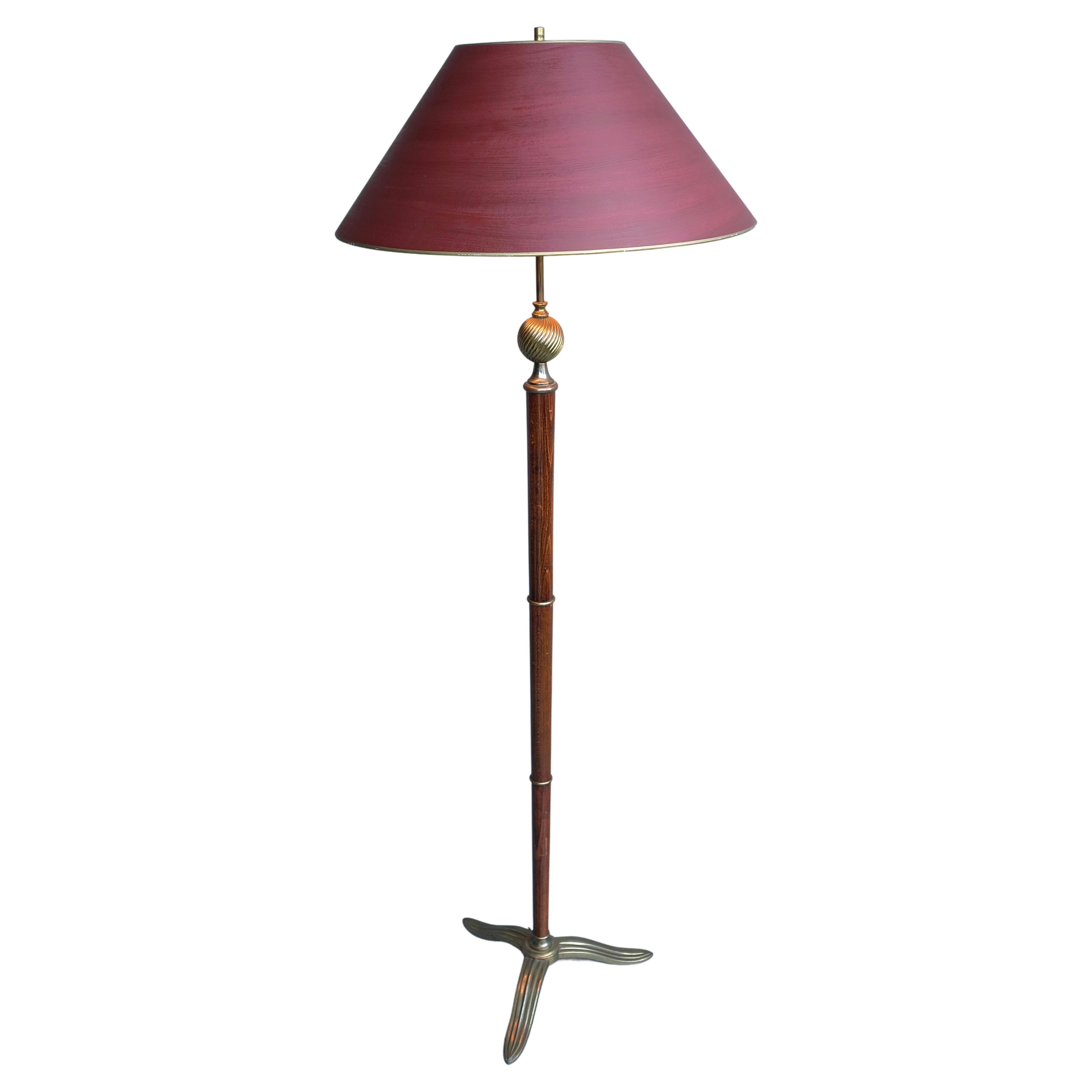 Art Deco Floor Lamp in Walnut Wood, with Fine Brass Details, France 1930's For Sale