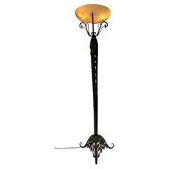 Art Deco Floor Lamp in Wrought Iron and Alabaster