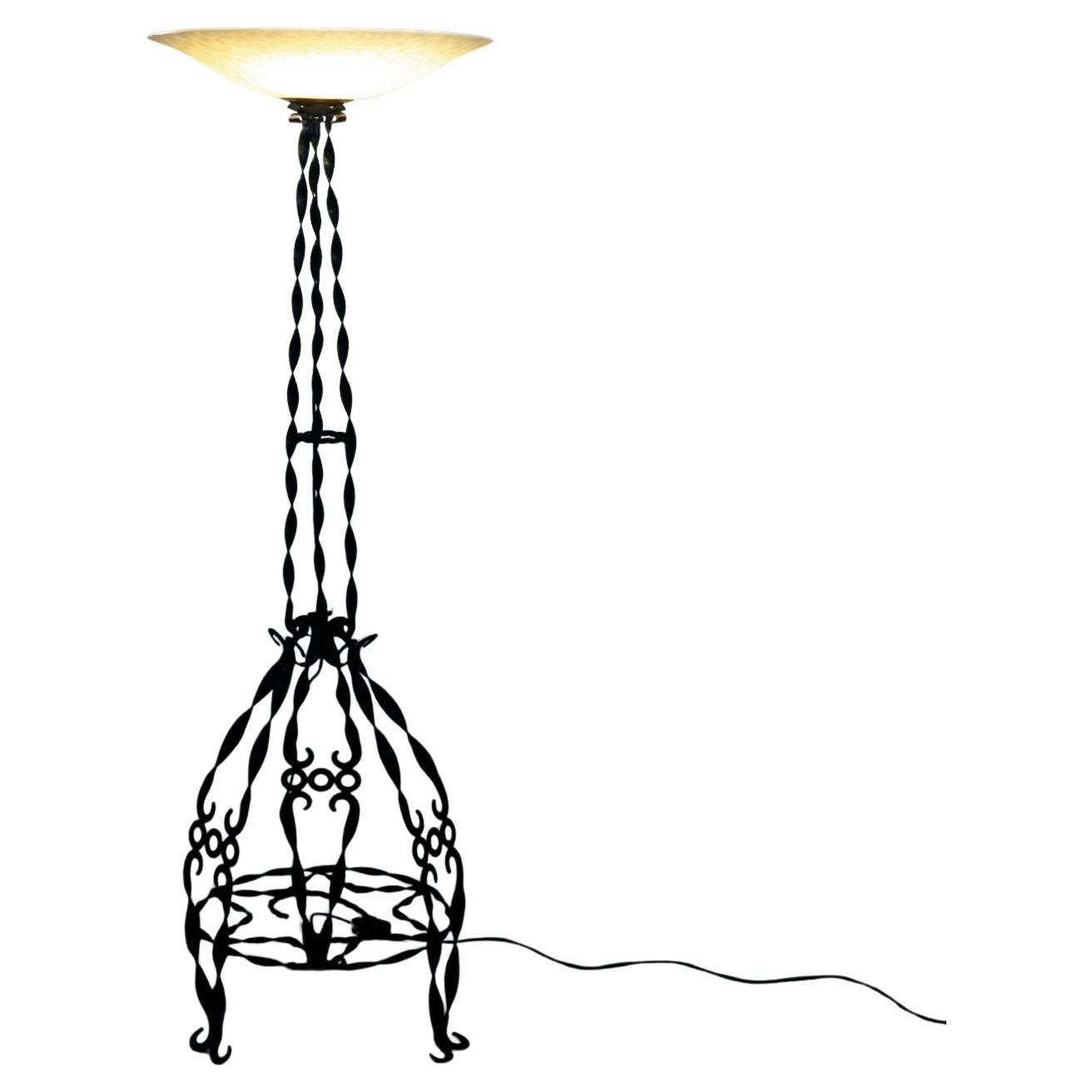 Art Deco Floor Lamp in Wrought Iron and Glass, 1930s