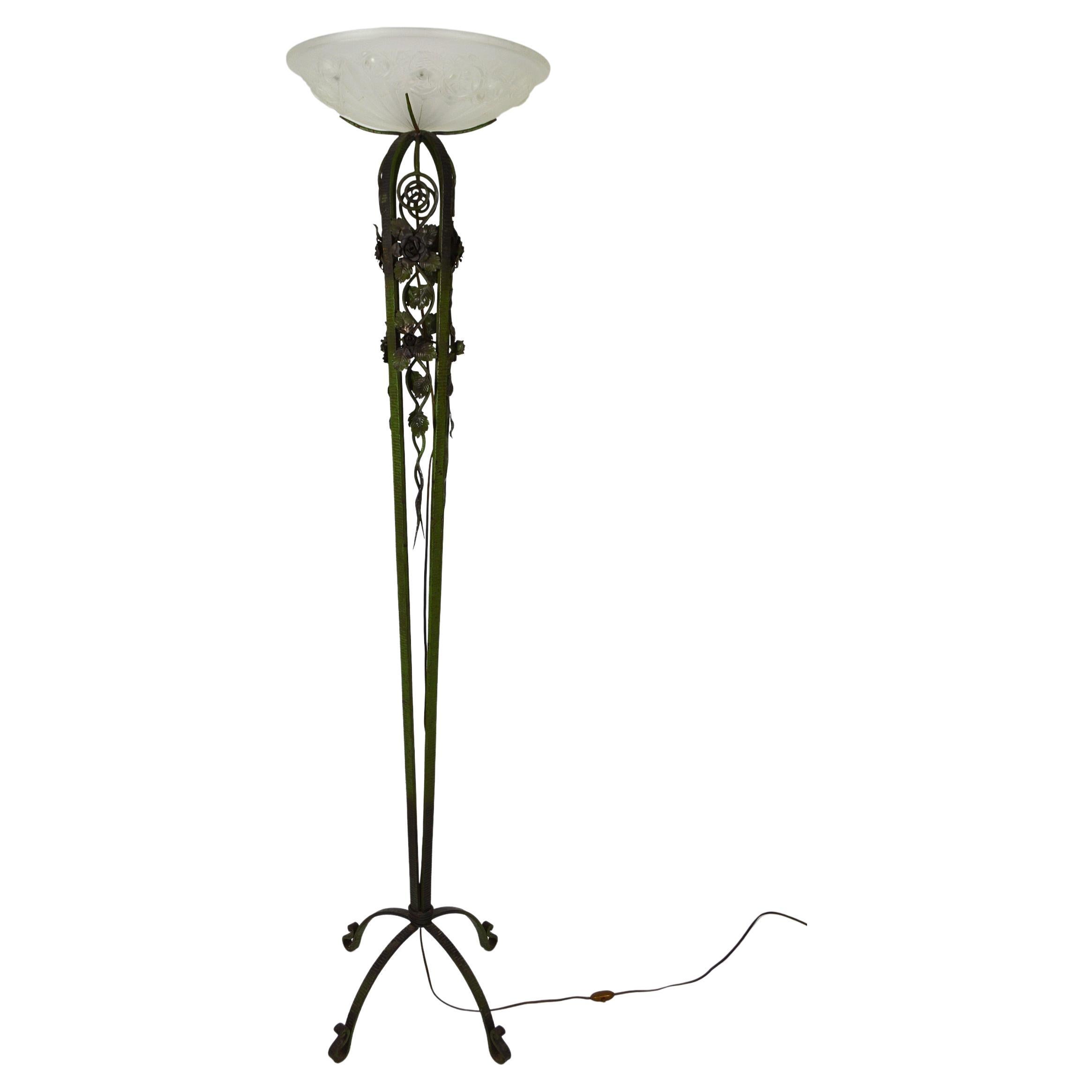 Art Deco Floor Lamp in Wrought Iron and Green Patina, France, circa 1930