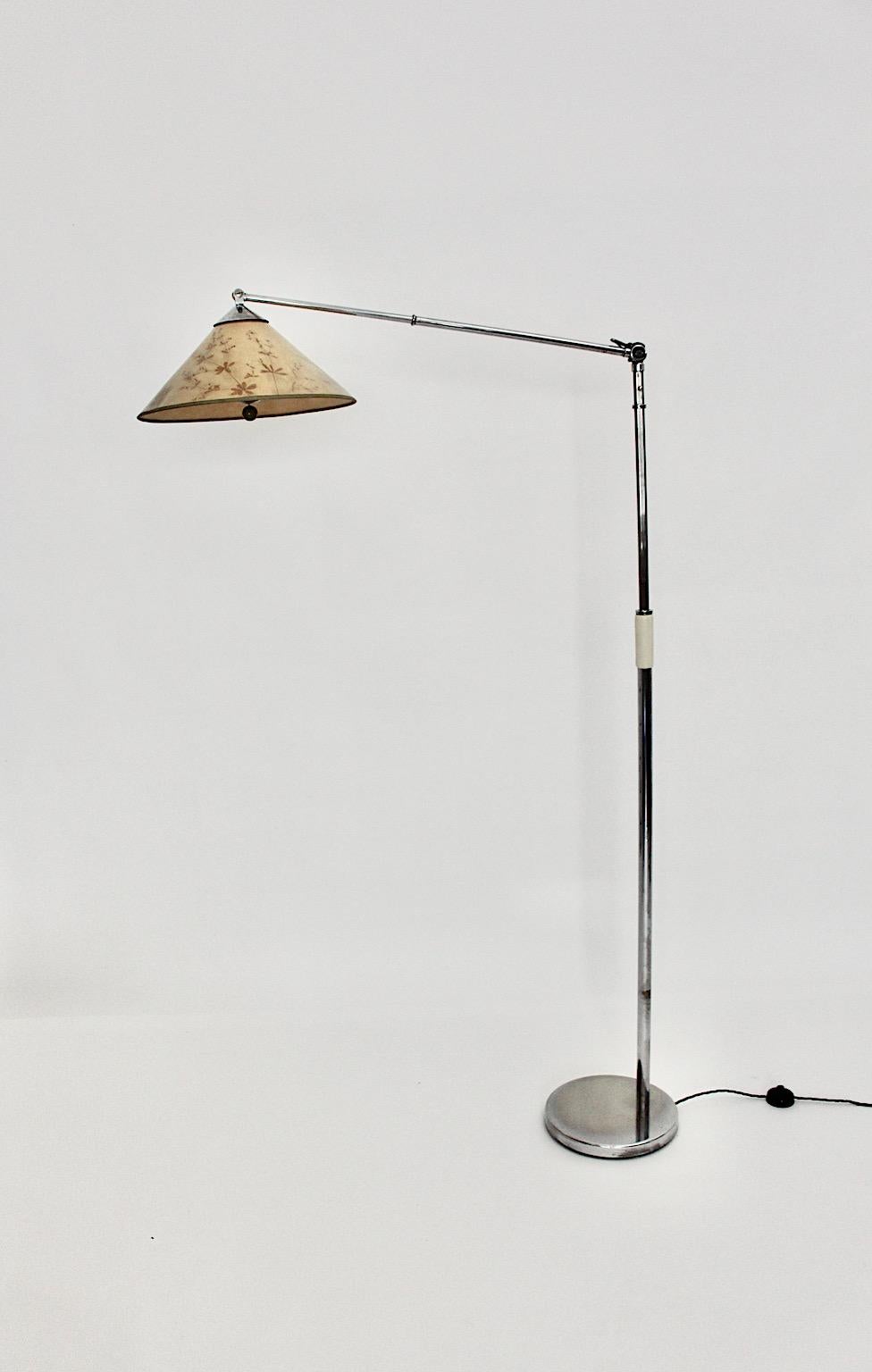 Austrian Art Deco Floor Lamp Kaspar & Sic Nickel Plated Brass Paper Shade Vienna 1932 For Sale