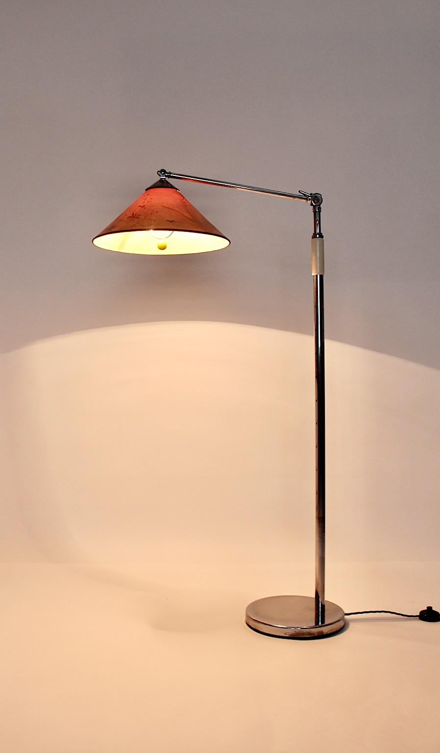 Mid-20th Century Art Deco Floor Lamp Kaspar & Sic Nickel Plated Brass Paper Shade Vienna 1932 For Sale