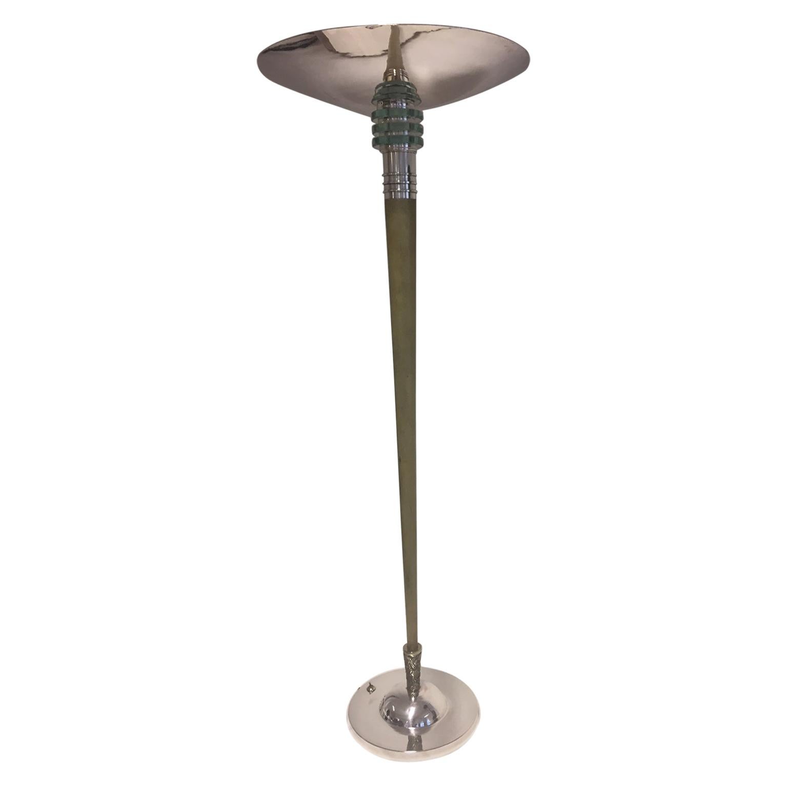 Art Deco Floor Lamp Silver Platted, Glass Details and Wood Stand Crackle Finish For Sale