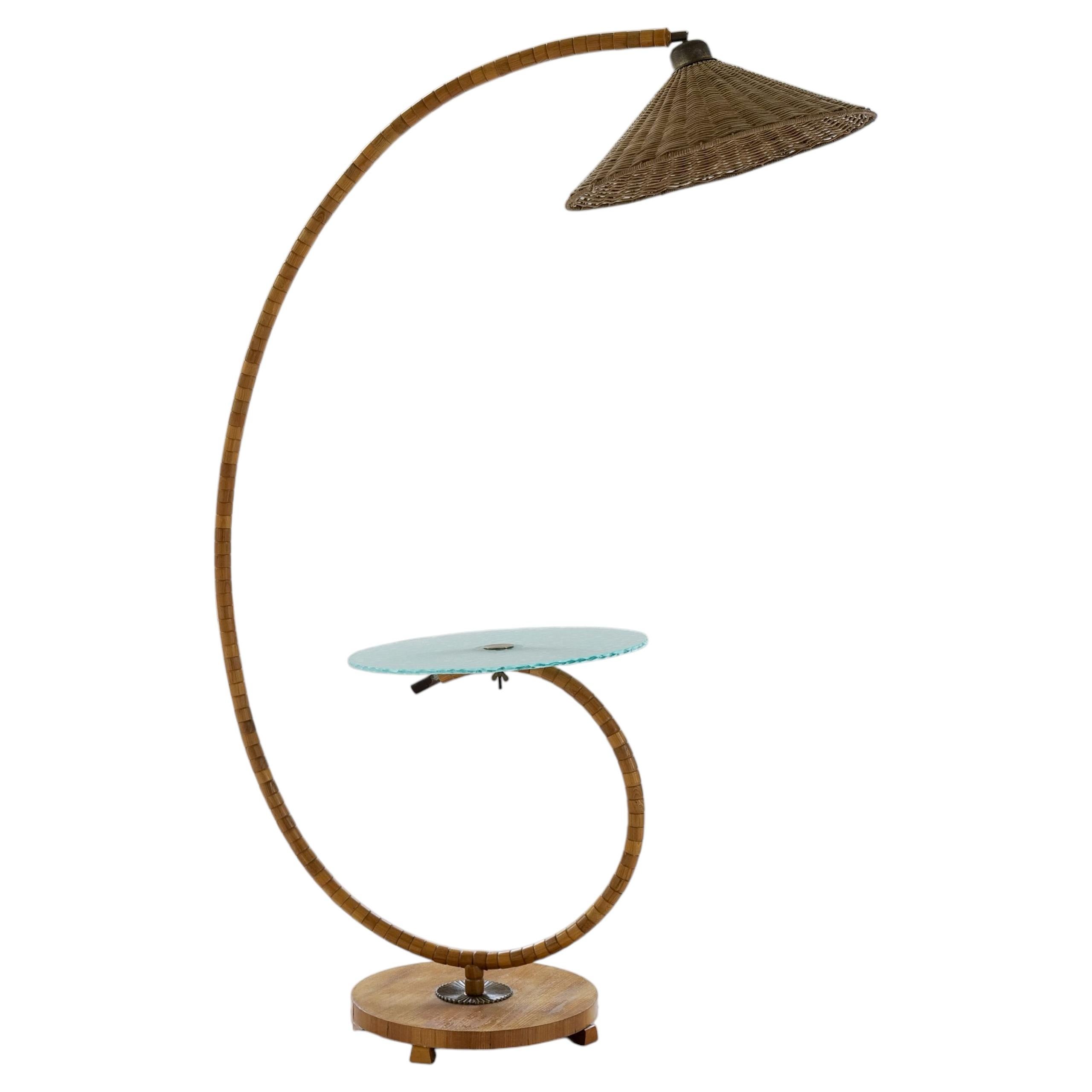 Art Deco Floor Lamp, Swedish Grace Design, Art Glass & Beech, 1930s
