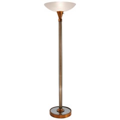 Vintage Art Deco Floor Lamp Torchiere, Glass and Copper on Brass, 1930s, English