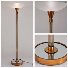 Art Deco Floor Lamp Torchiere, Glass and Copper on Brass, 1930s, English