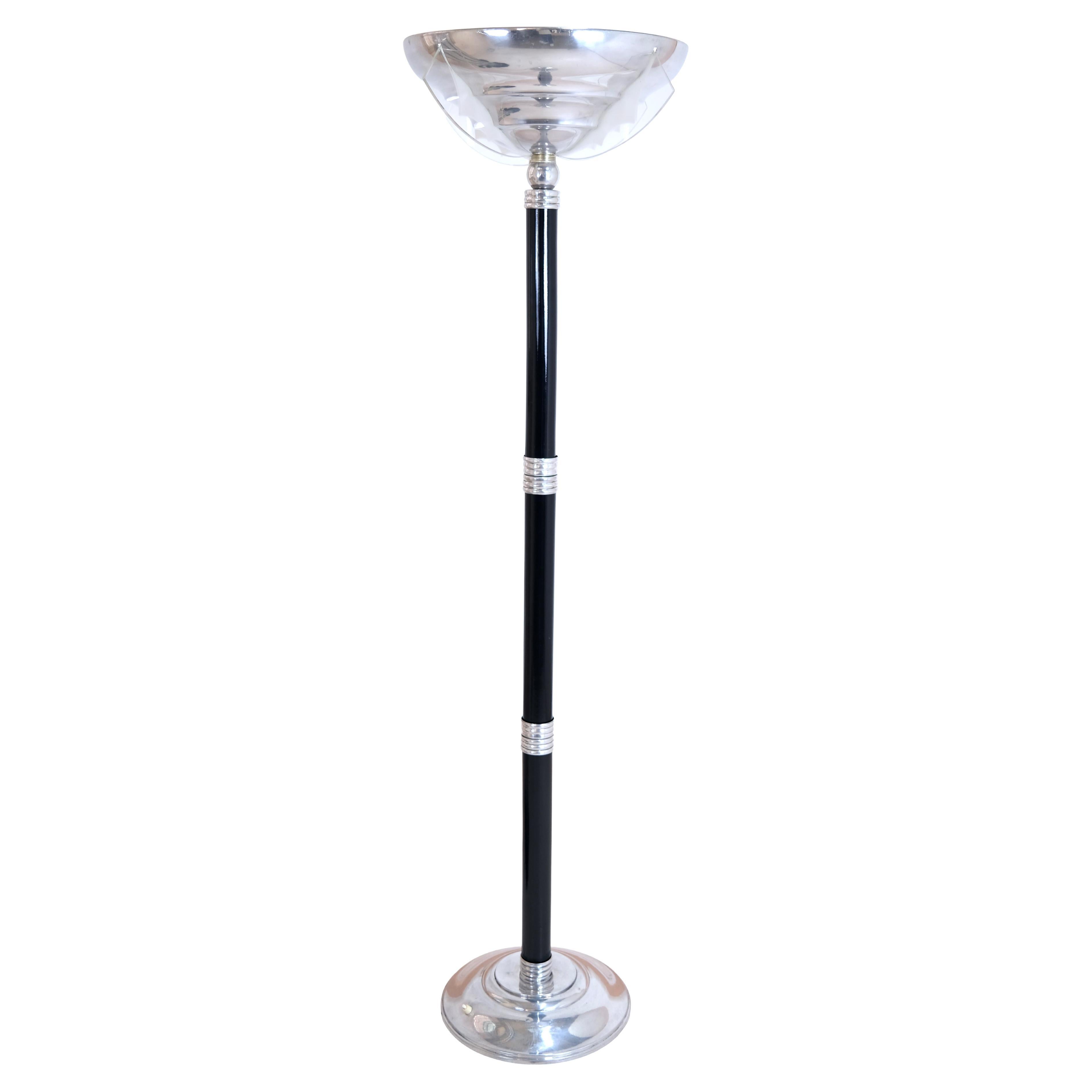 Art Deco Floor Lamp with Black Stem Chromed Shade and Base and Glass Panels