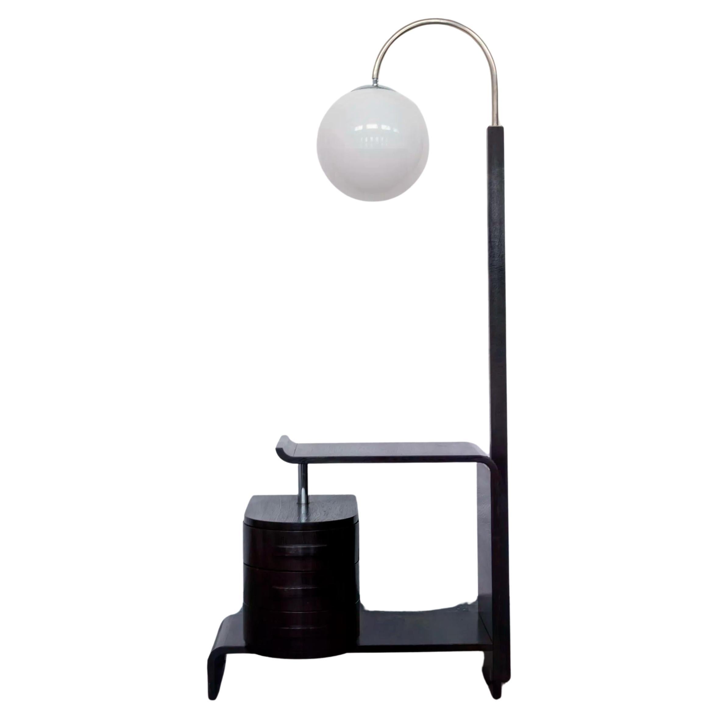 Art Deco floor lamp with integrated table and drawer unit, Prague circa 1934