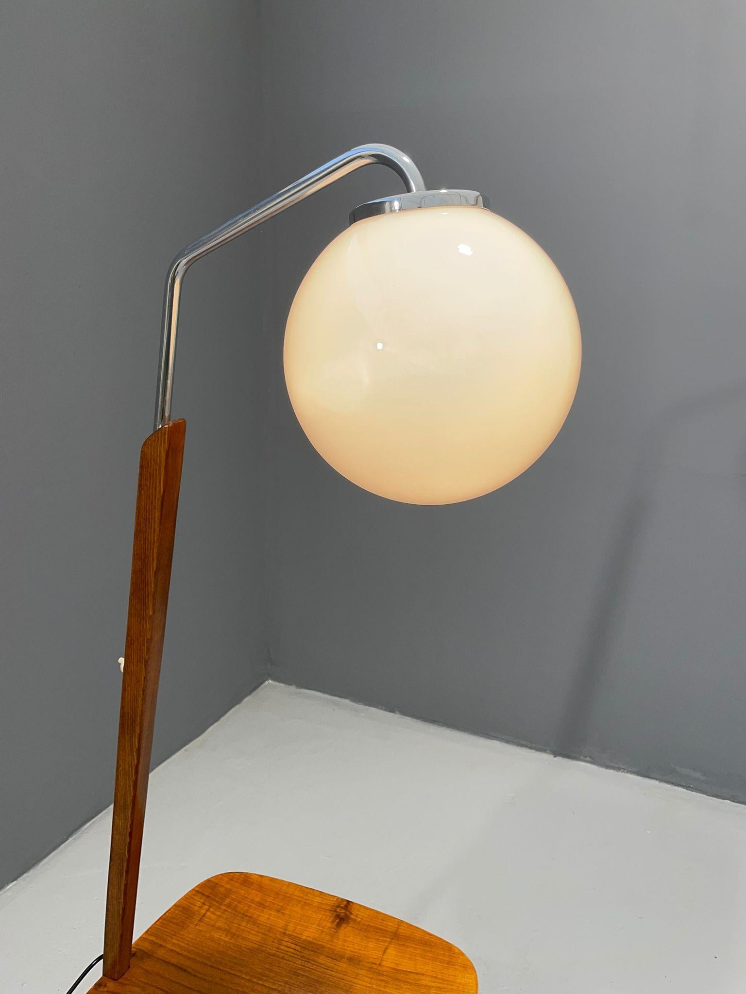 Art Deco Floor Lamp with Milk Glass and Side Table, Thonet, 1950s – Czechoslovak For Sale 12