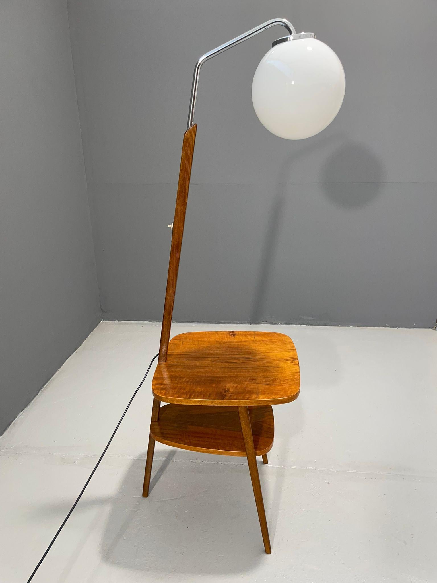Art Deco Floor Lamp with Milk Glass and Side Table, Thonet, 1950s – Czechoslovak For Sale 13