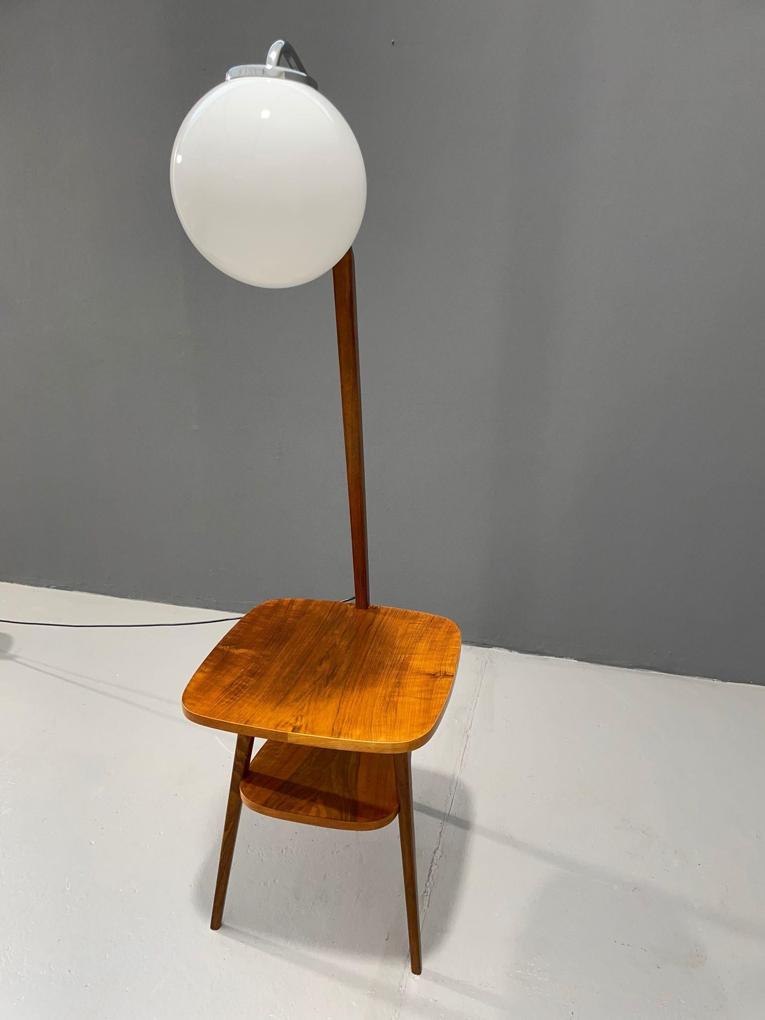 Art Deco Floor Lamp with Milk Glass and Side Table, Thonet, 1950s – Czechoslovak For Sale 14