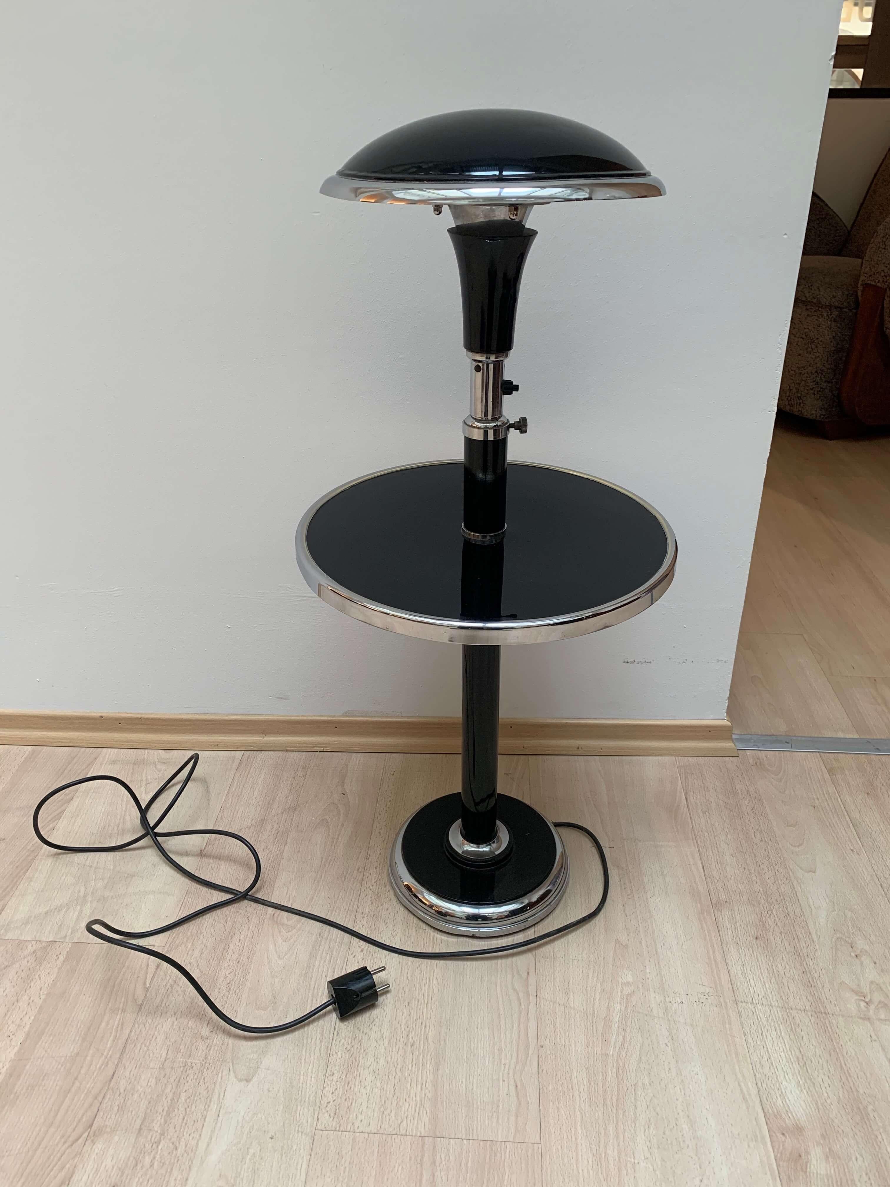 French Art Deco Floor Lamp by Georges Halais, Chrome, Black Lacquer, France, circa 1930