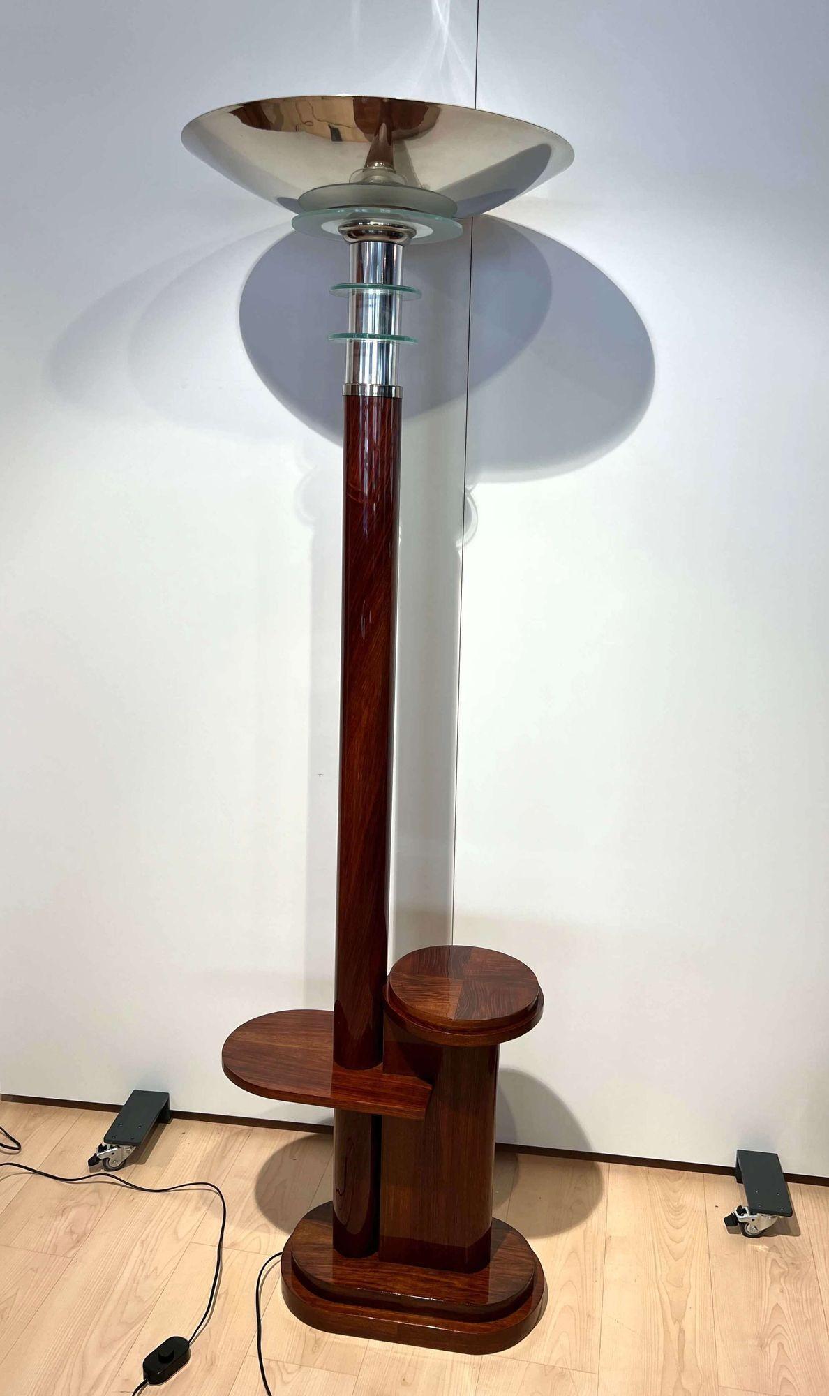 French Art Deco Floor Lamp with Side Table, Walnut and Chrome, France, circa 1930 For Sale