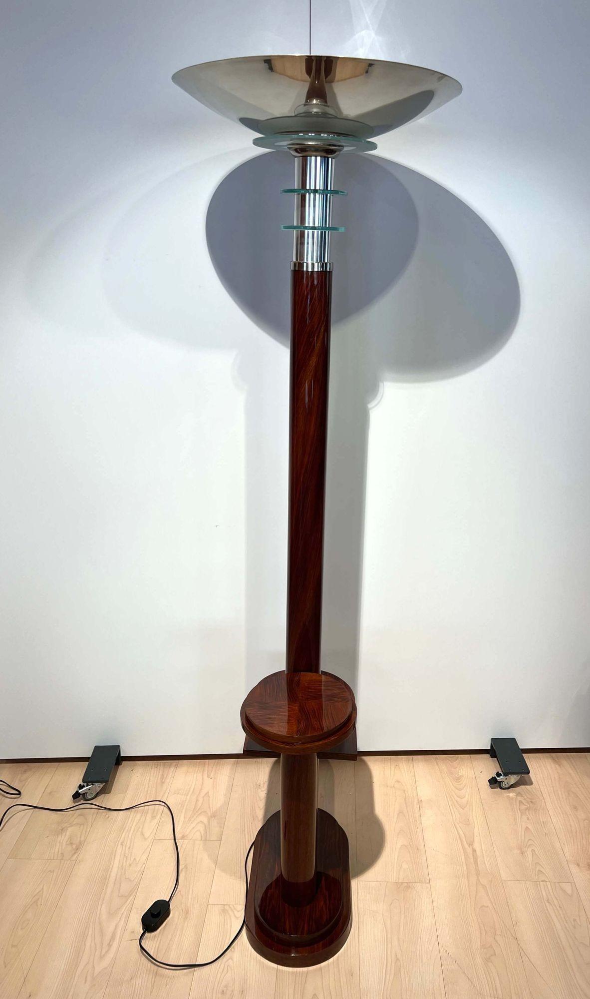 Galvanized Art Deco Floor Lamp with Side Table, Walnut and Chrome, France, circa 1930 For Sale