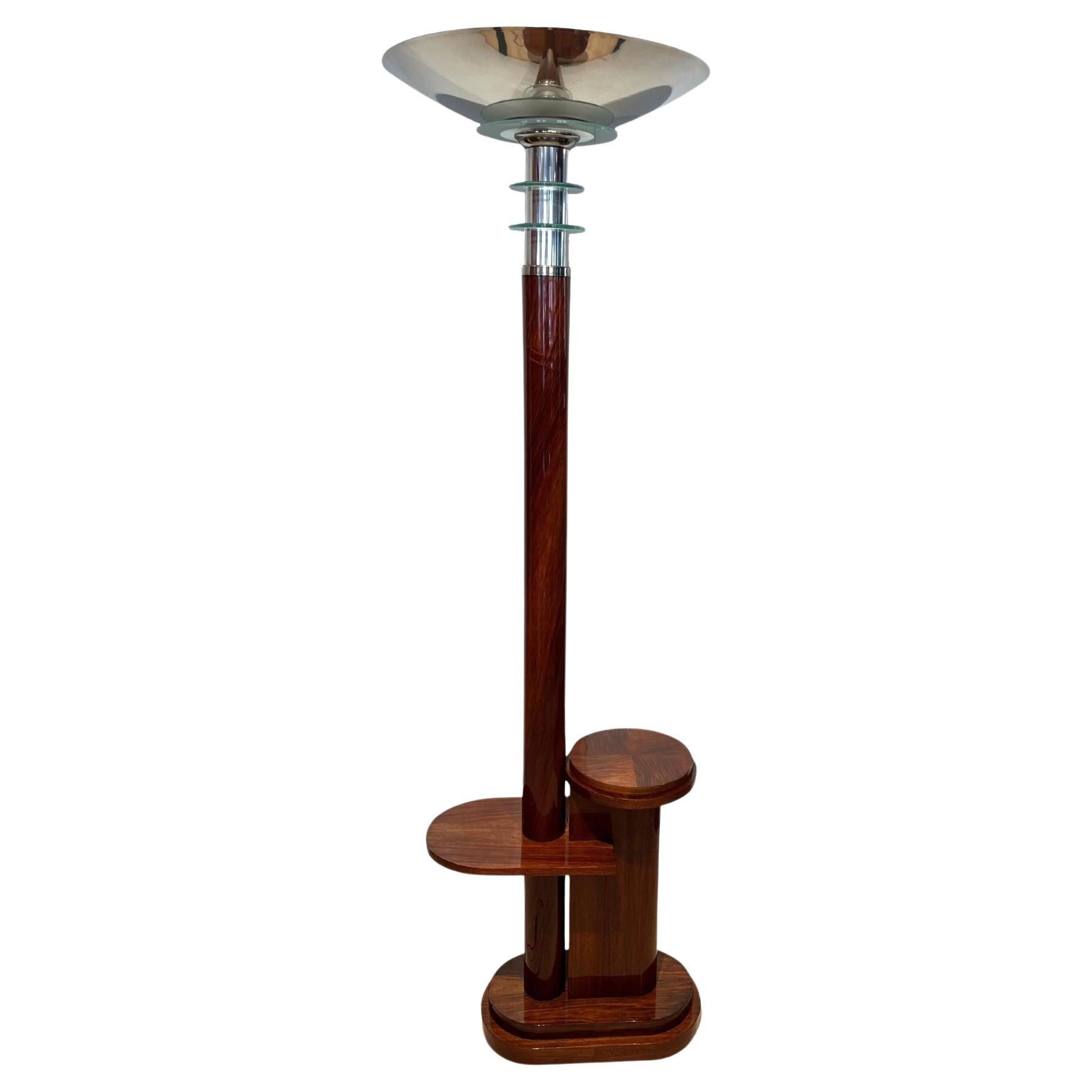 Art Deco Floor Lamp with Side Table, Walnut and Chrome, France, circa 1930 For Sale