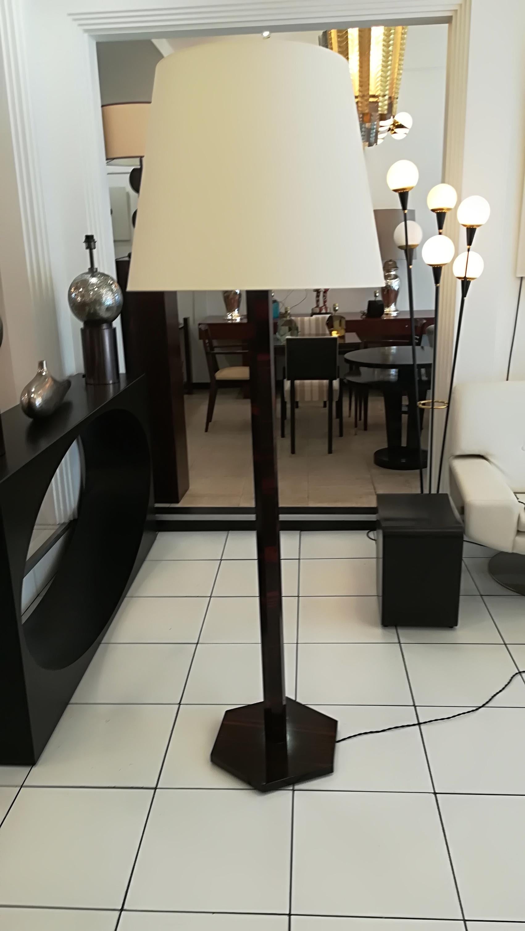 Art Deco floor lamp wood with aluminum cup and lampshade, circa 1930.