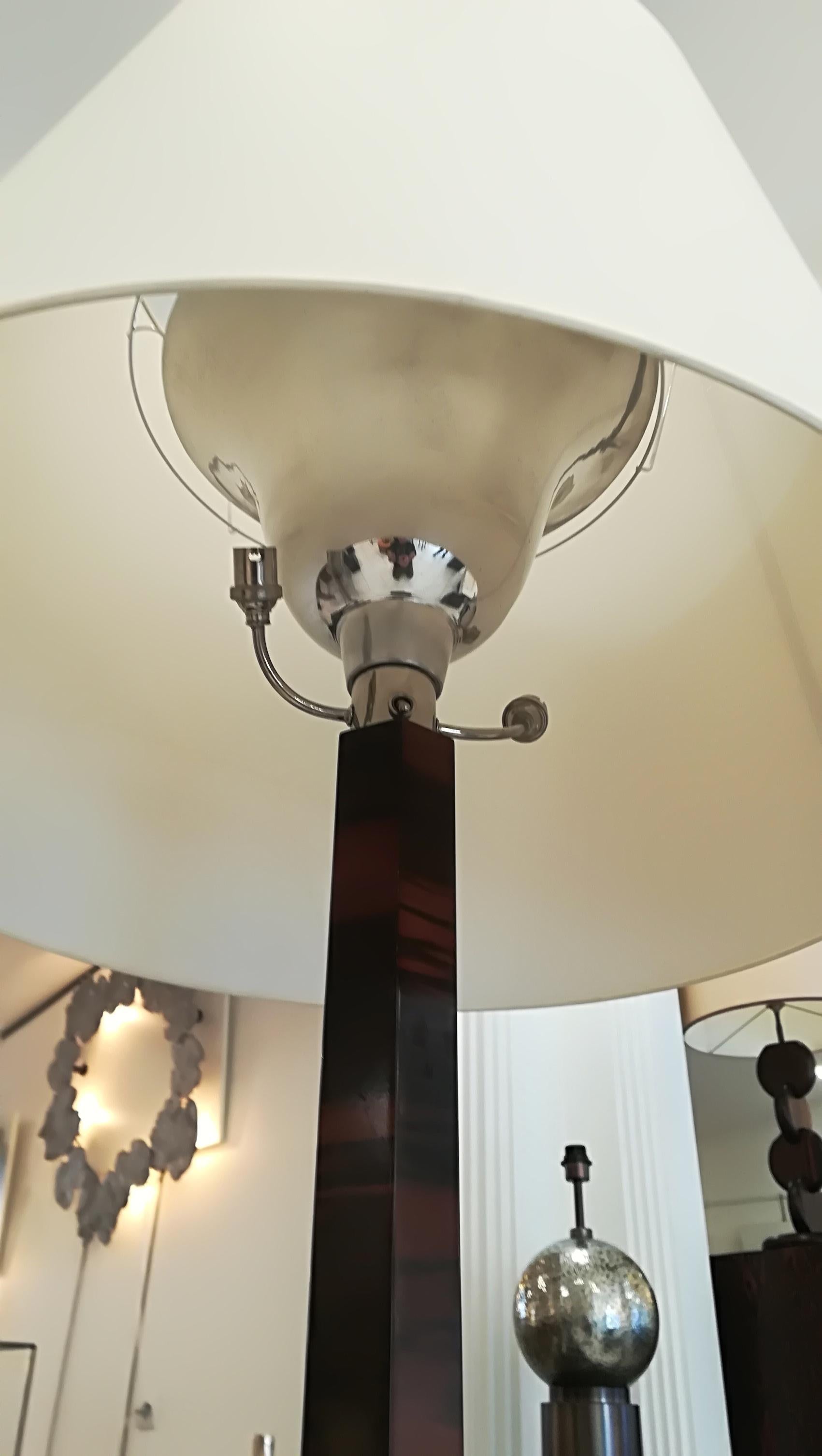 French Art Deco Floor Lamp Wood with Aluminum Cup and Lampshade