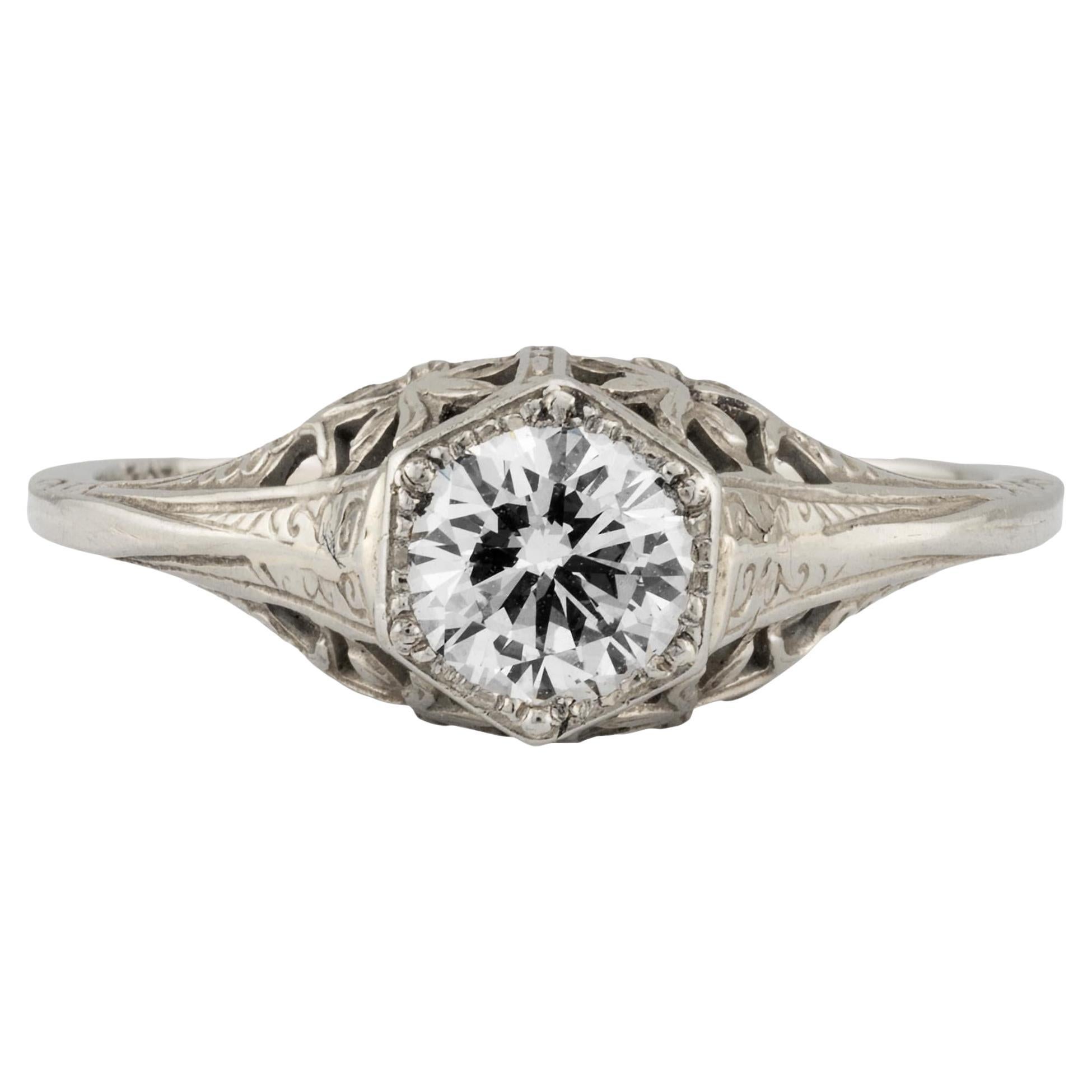 Anillo de compromiso Art Déco Floral con Filigrana de Diamantes de 0,40 ct en oro blanco de 18 quilates