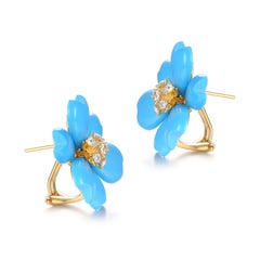 Art Deco Floral 19.75Ct Turquoise Diamond Earrings in 14K Yellow Gold