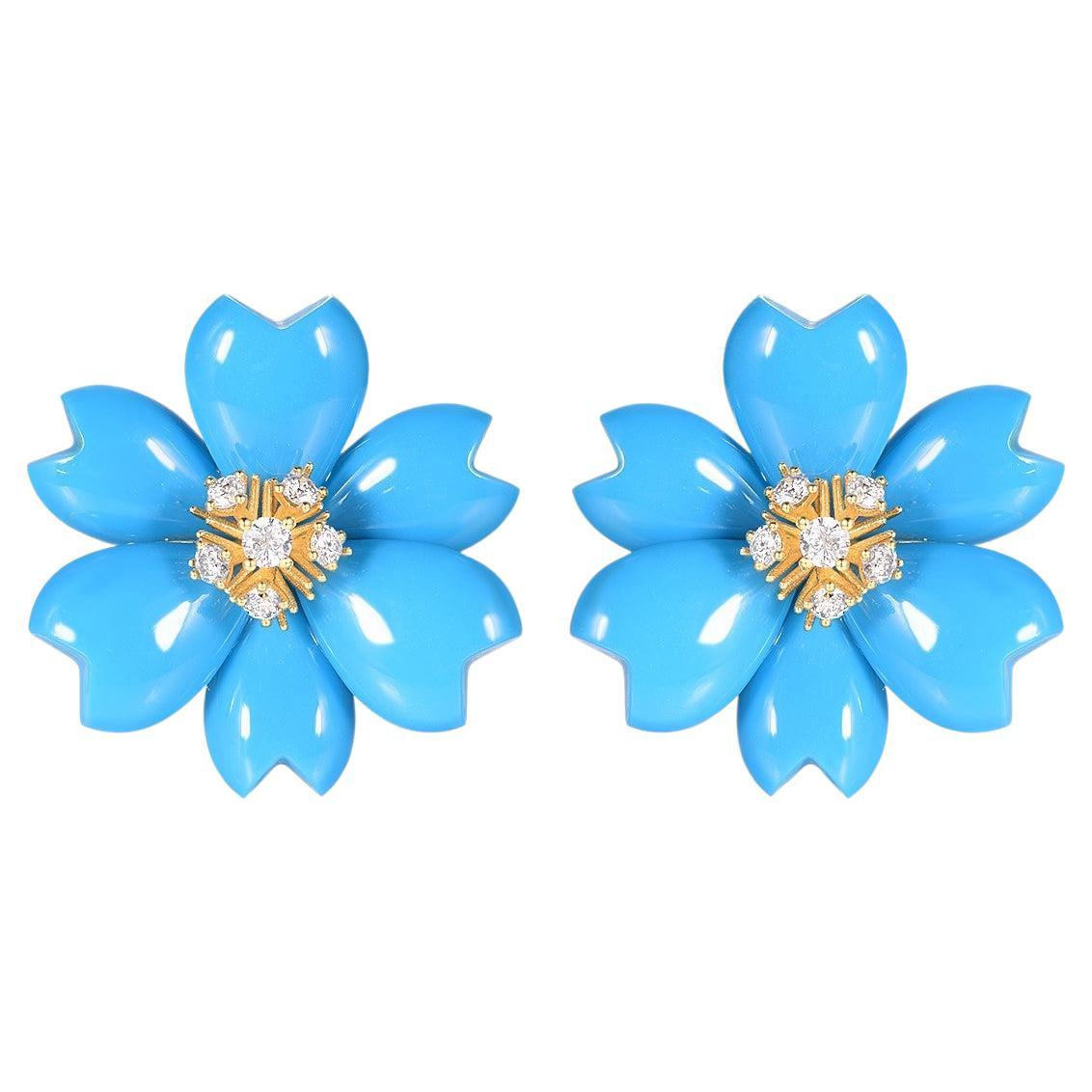 Art Deco Floral 19.75Ct Turquoise Diamond Earrings in 14K Yellow Gold For Sale