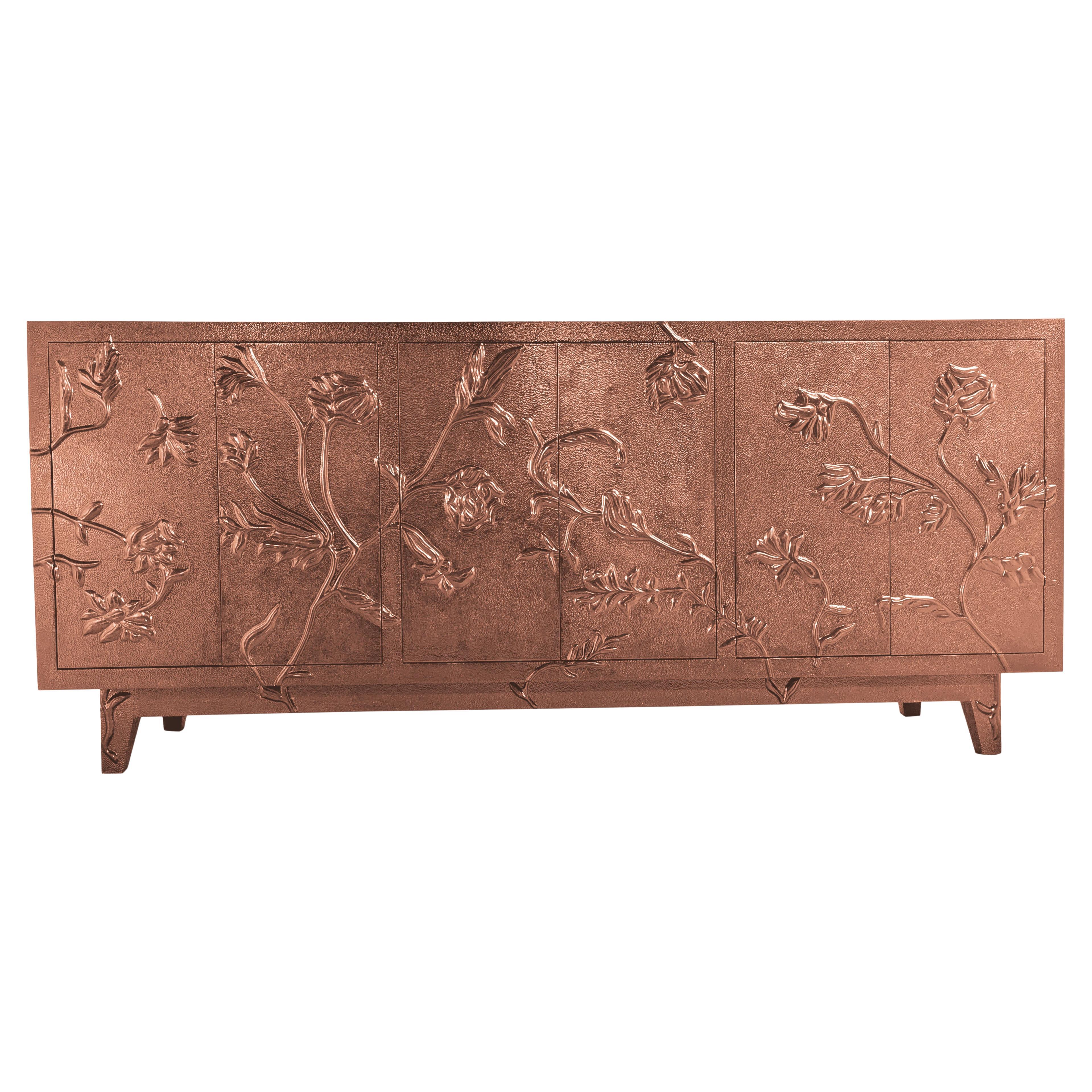 Art Deco Floral Credenza in Med. Hammered Copper – Carved Metal Cabinet