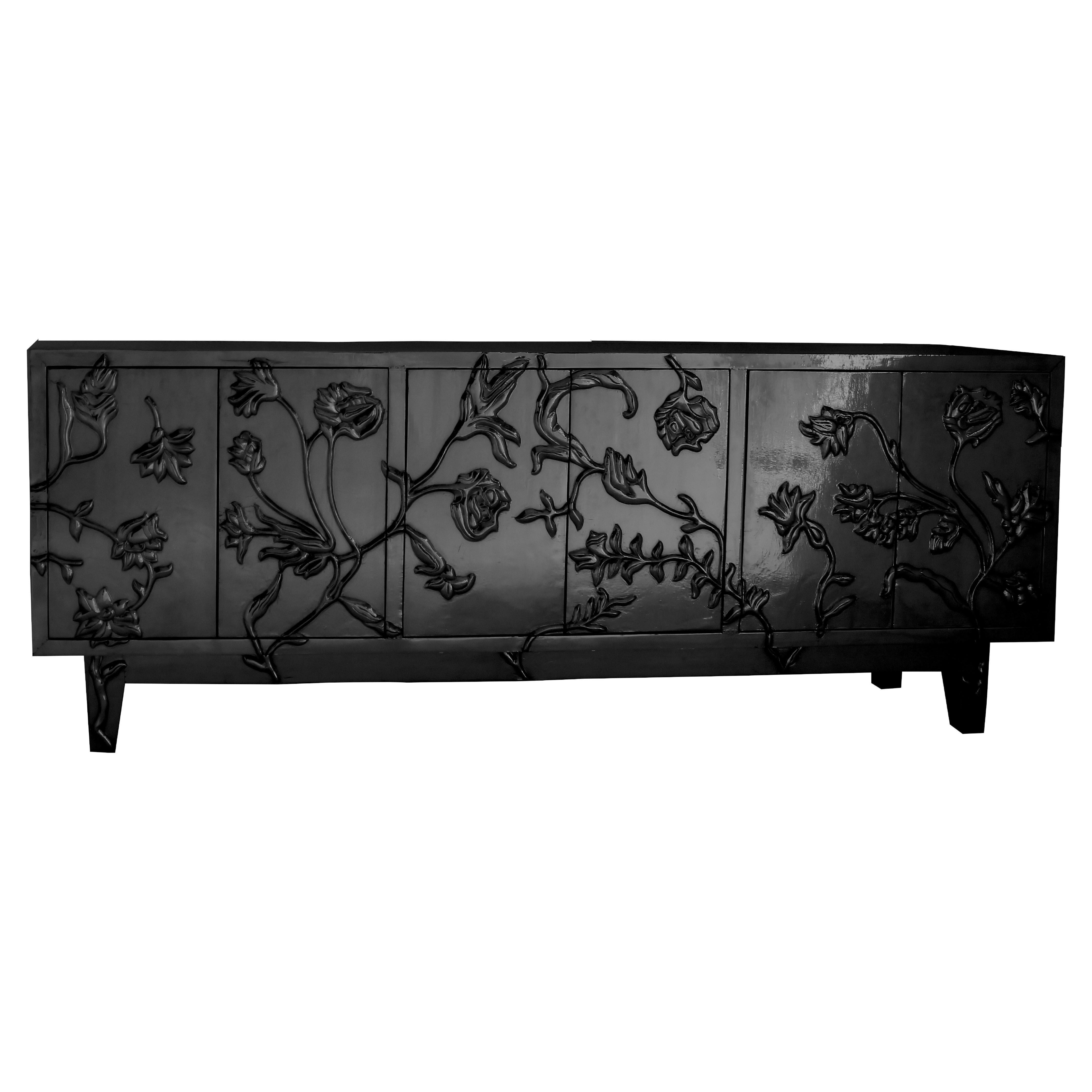 Art Deco Floral Credenza in Smooth Antq. White Bronze – Carved Metal Cabinet