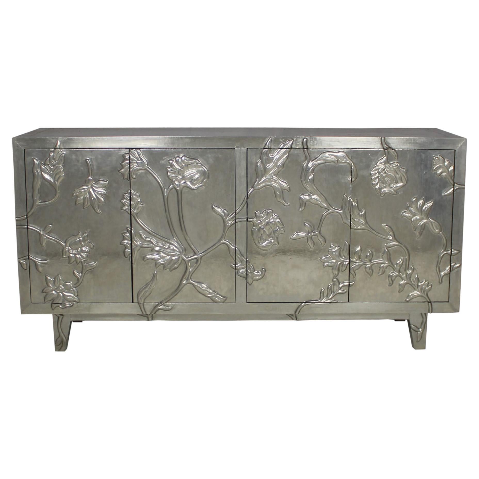 Art Deco Floral Credenza in Smooth White Bronze – Carved Metal Cabinet