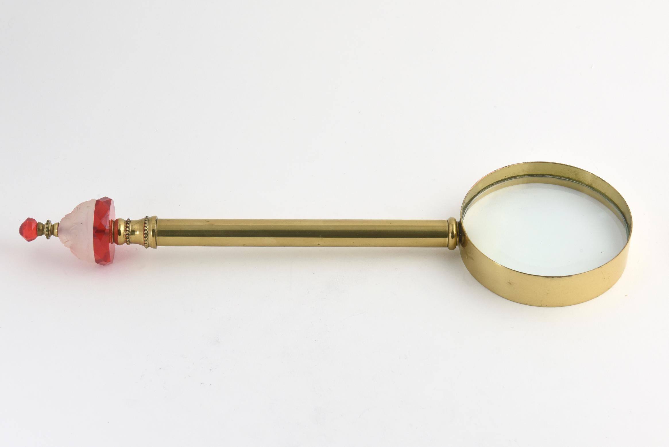 Art Deco Floral Crystal and Brass Magnifier In Fair Condition For Sale In Miami Beach, FL