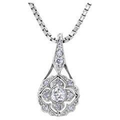 Antique Art Deco Floral Diamond 0. 55 Carat 18 Karat White Gold 16 Inch Pendant Necklace