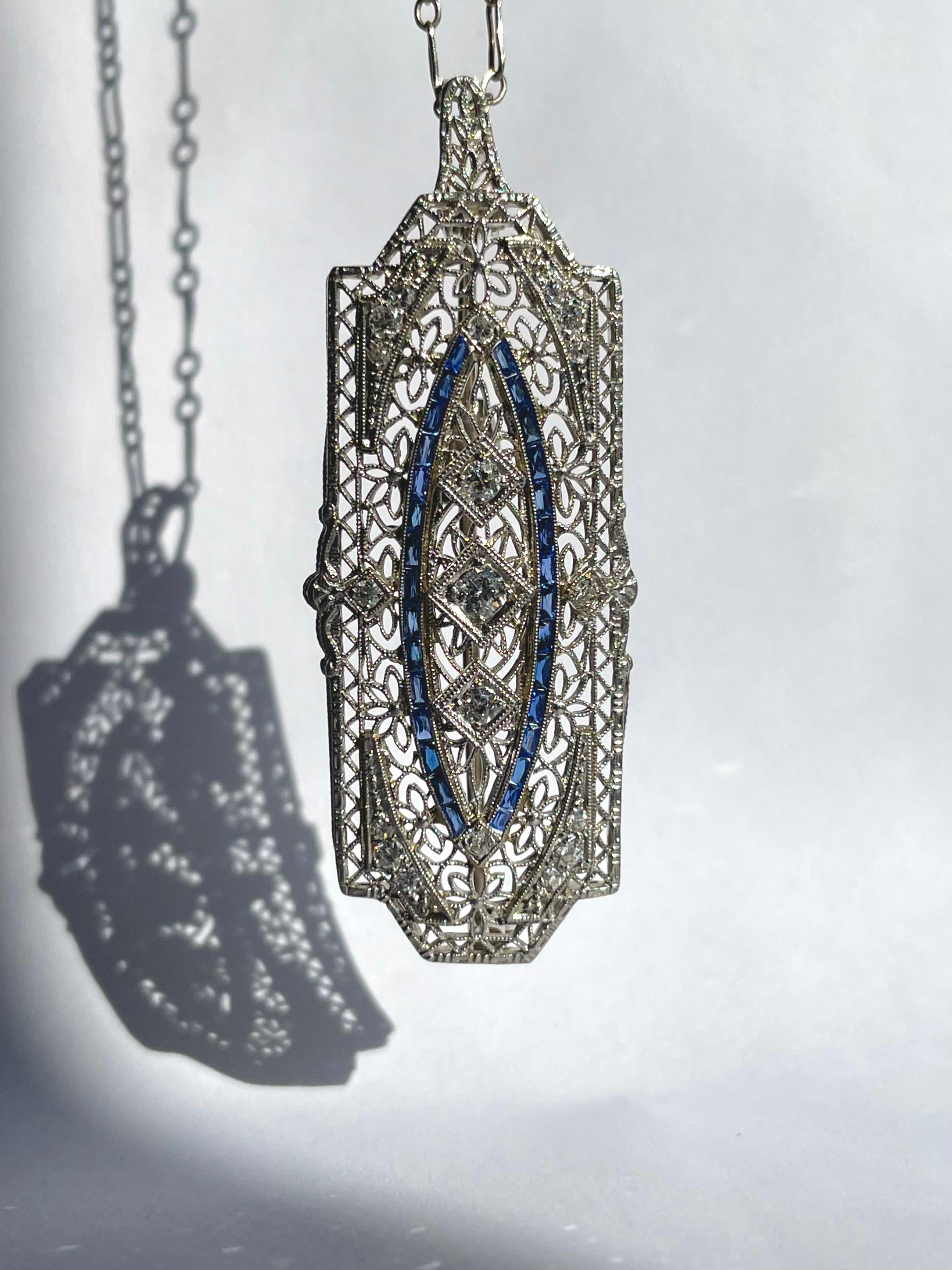 Art Nouveau Art Deco Floral Diamond & French Cut Sapphire Filigree Pendant in 18K Gold For Sale
