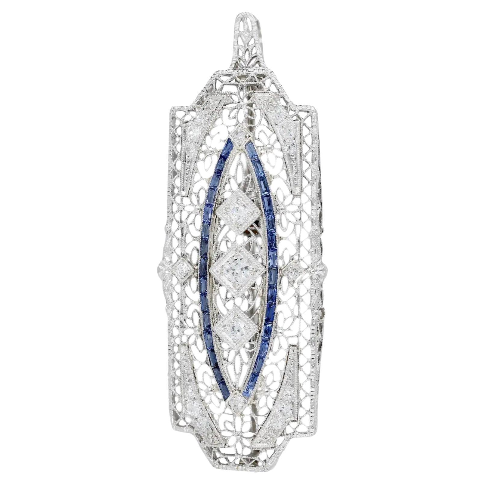 Art Deco Floral Diamond & French Cut Sapphire Filigree Pendant in 18K Gold For Sale