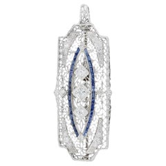 Retro Art Deco Floral Diamond & French Cut Sapphire Filigree Pendant in 18K Gold