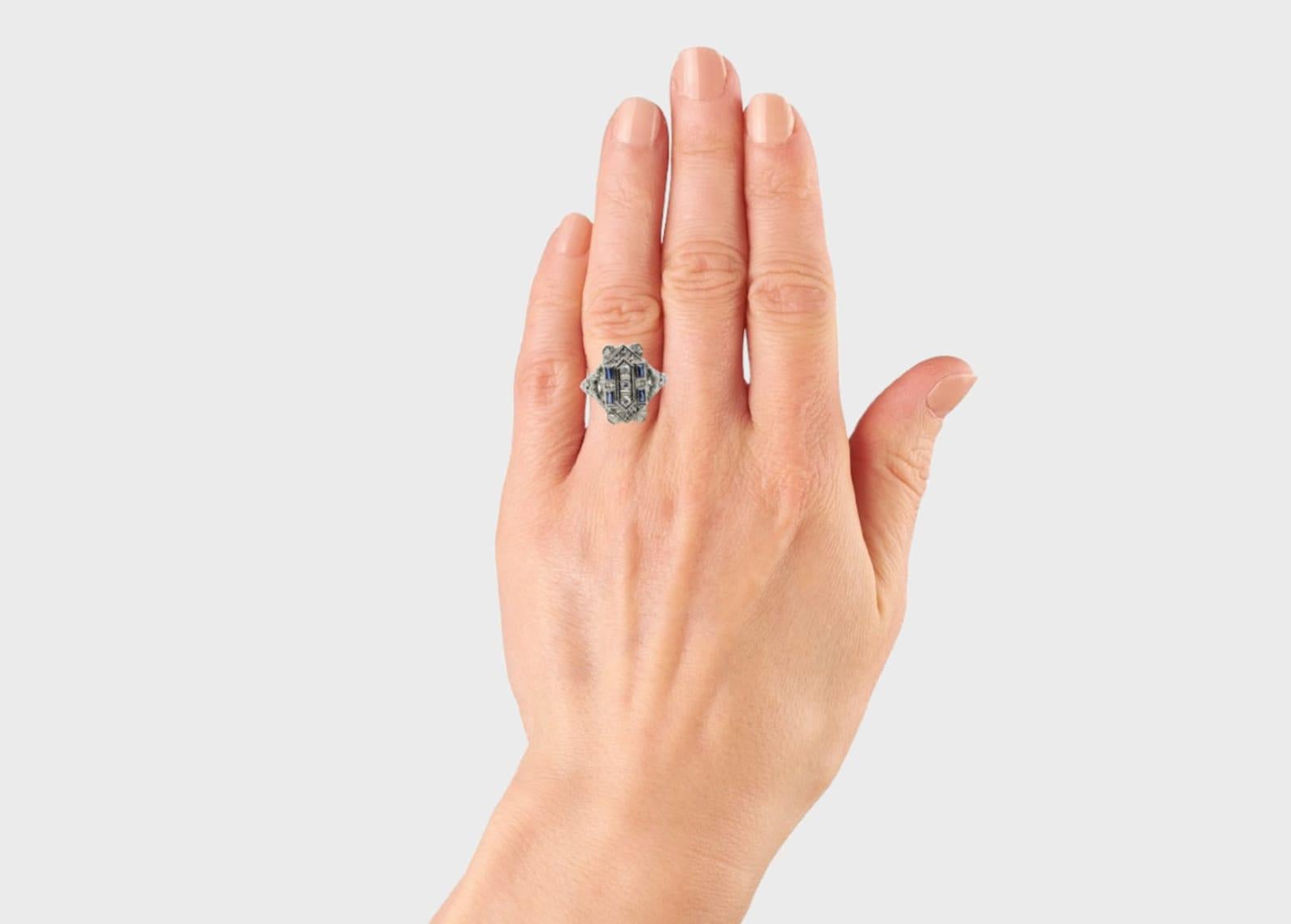 Filigraner Art-Déco-Ring aus 18 Karat Weißgold mit floralem Diamanten und Saphiren Damen
