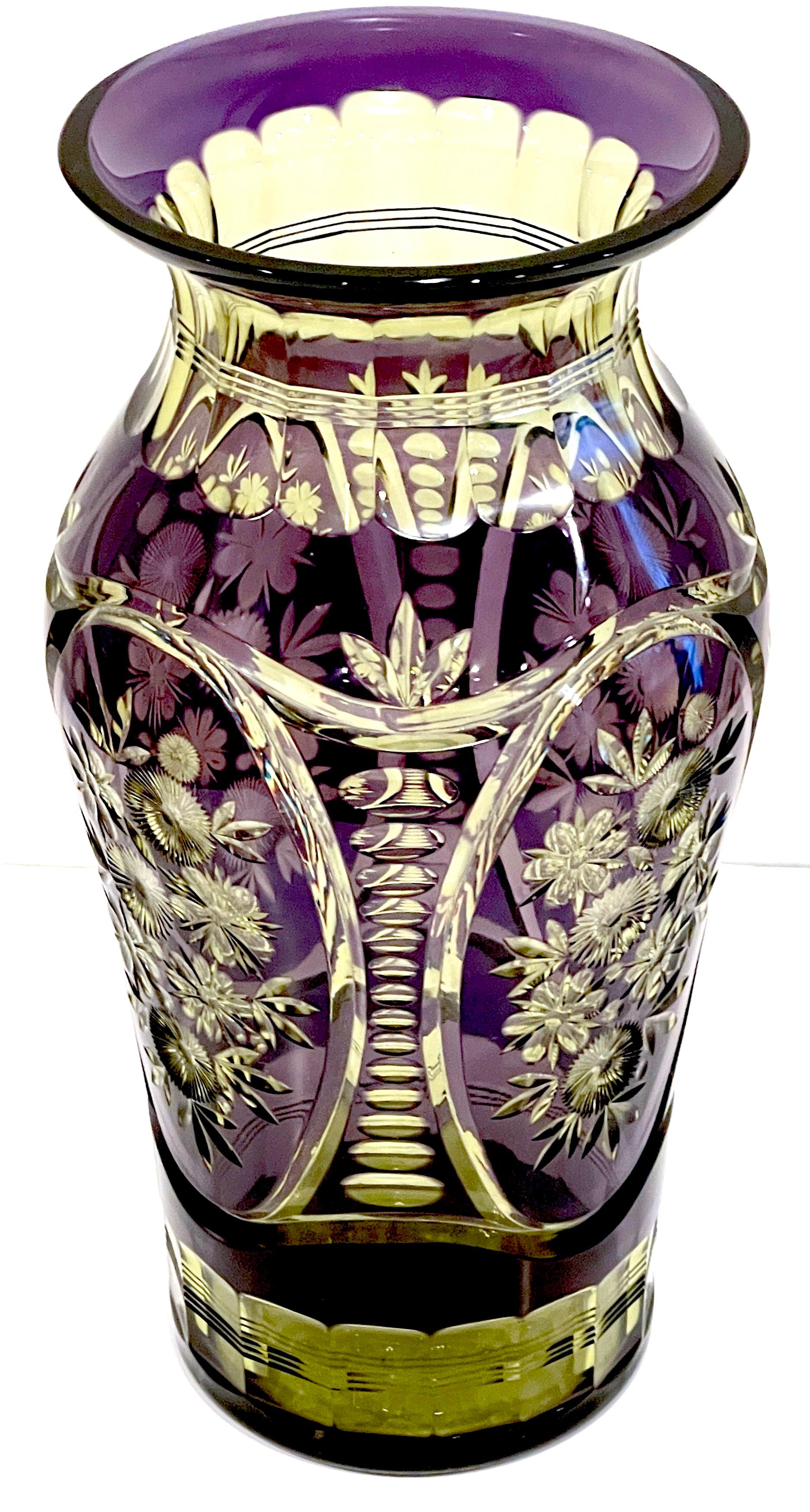 Belgian Art Deco Floral Engraved Amethyst & Uranium Crystal Vase by Val St. Lambet