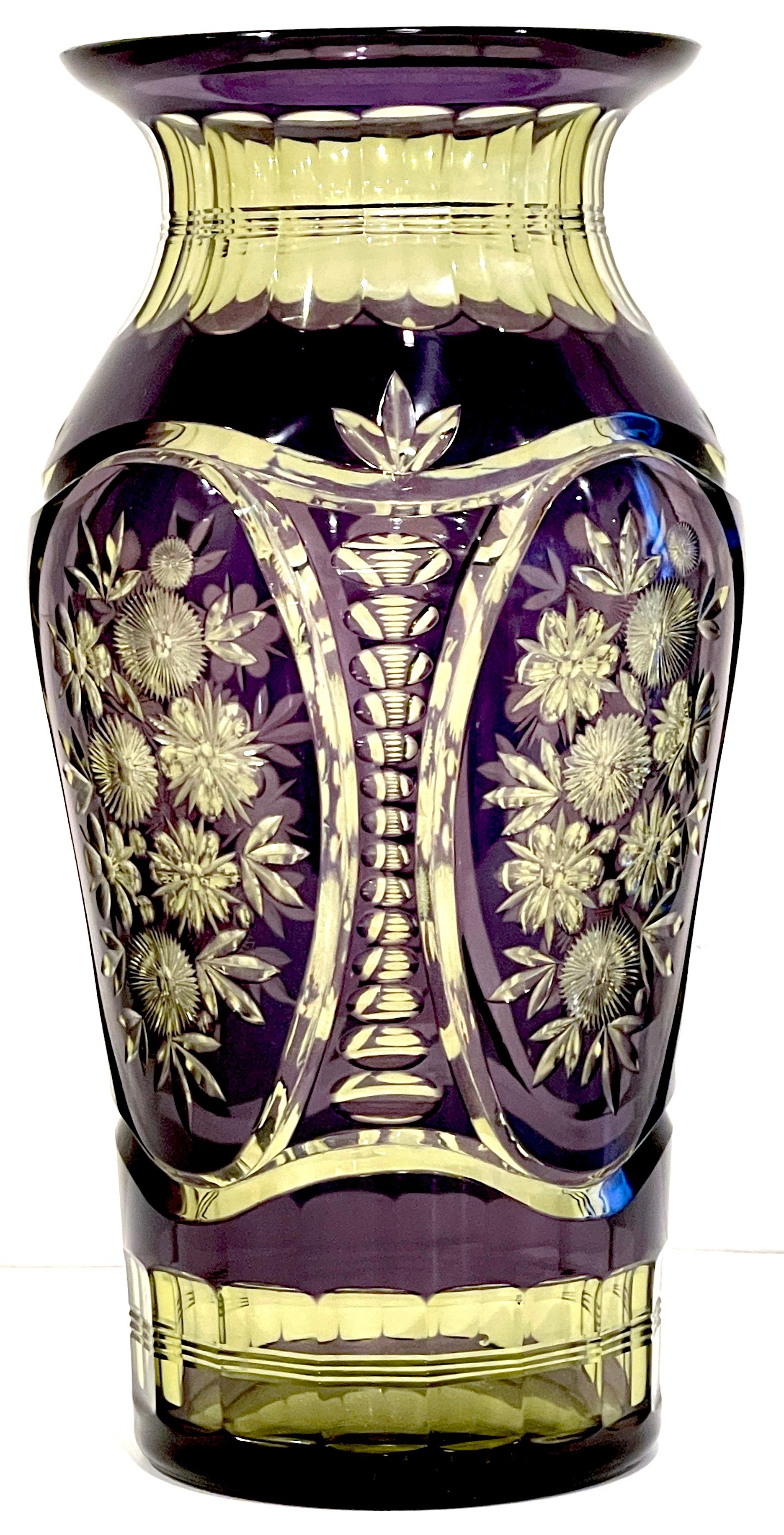 Art Deco Floral Engraved Amethyst & Uranium Crystal Vase by Val St. Lambet In Good Condition In West Palm Beach, FL