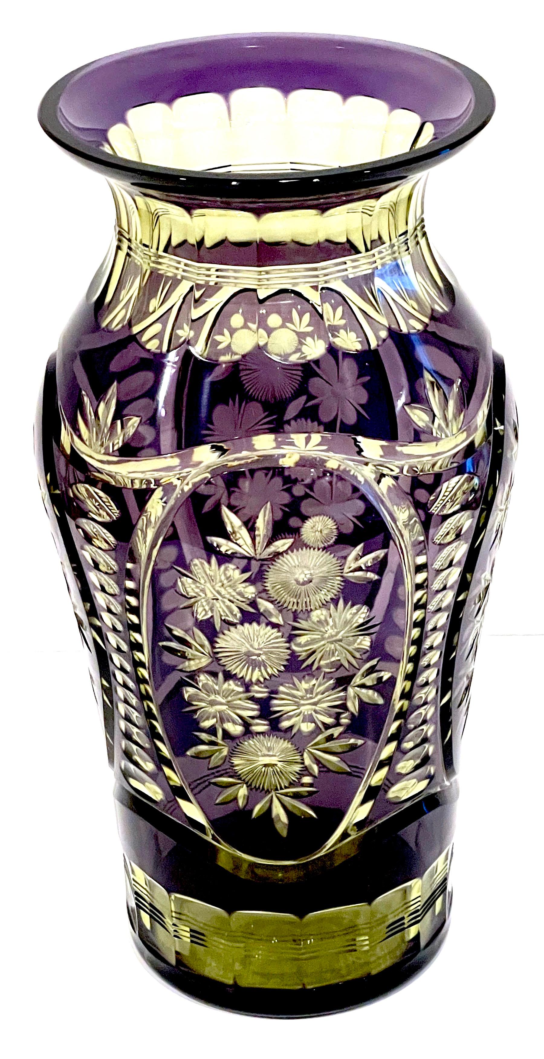 Early 20th Century Art Deco Floral Engraved Amethyst & Uranium Crystal Vase by Val St. Lambet