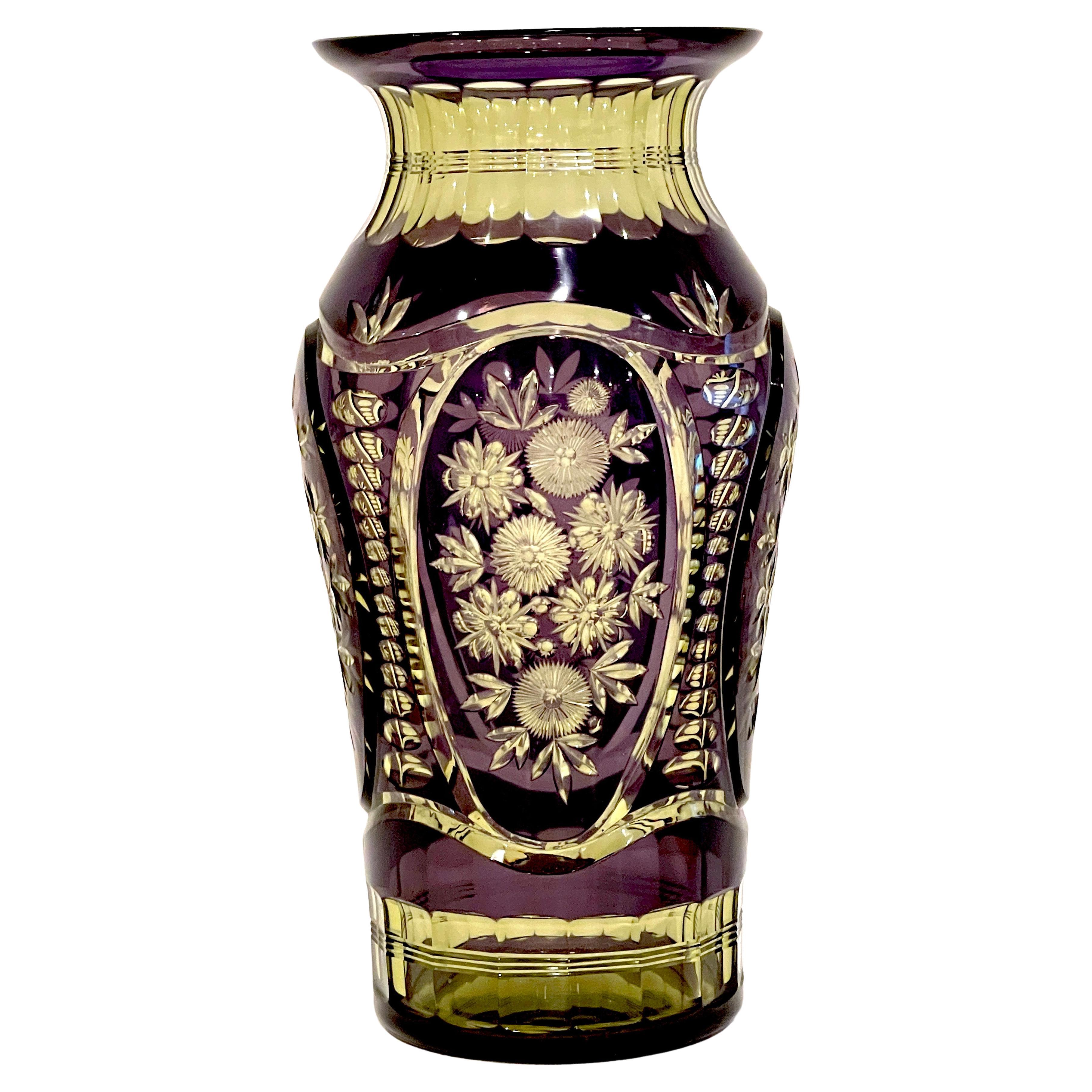 Art Deco Floral Engraved Amethyst & Uranium Crystal Vase by Val St. Lambet