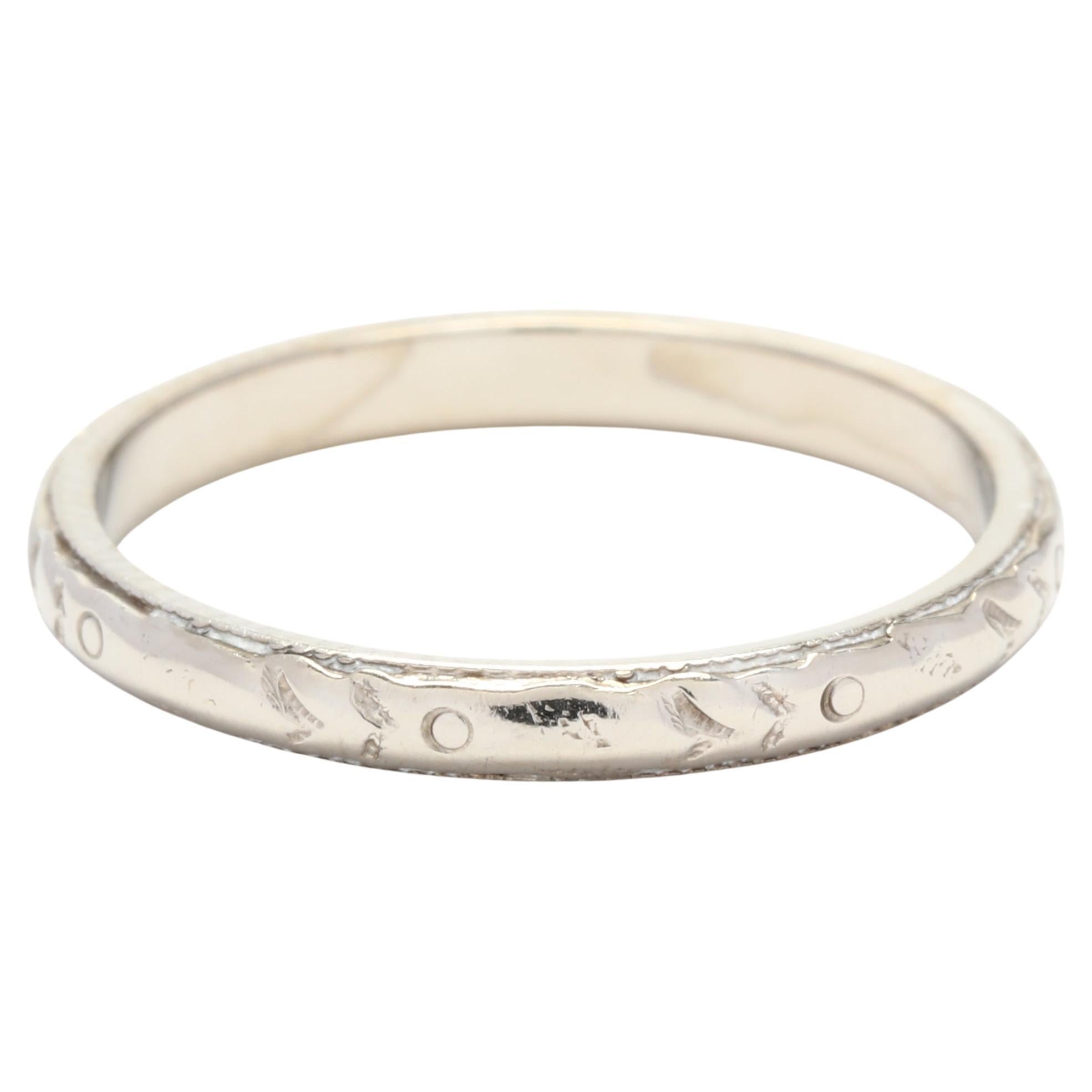 Art Deco Floral Engraved Wedding Band, 18K White Gold, Ring Size 5.25, Stackable For Sale