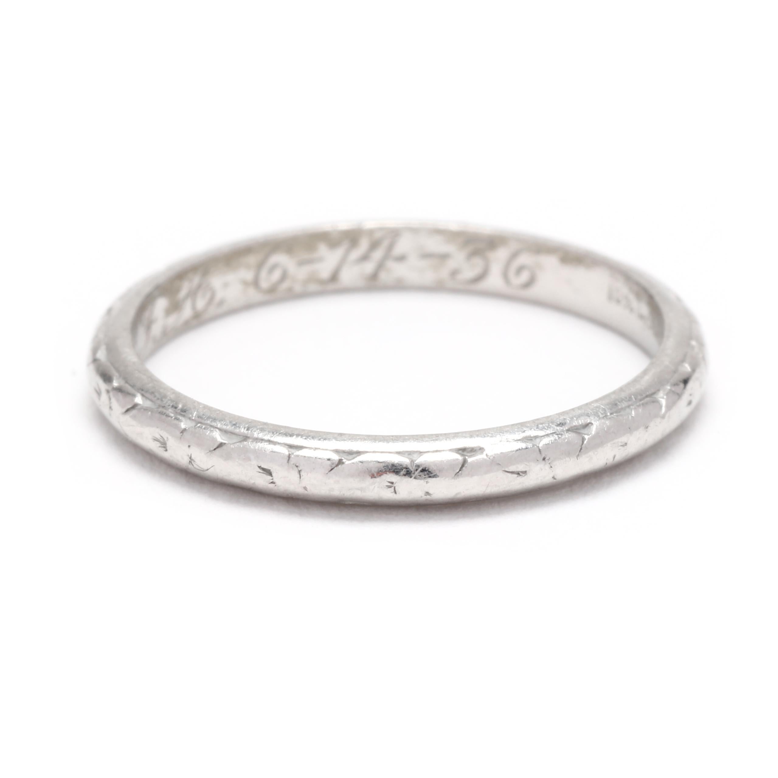 This Art Deco floral engraved wedding band is a stunning piece of jewelry that will add a touch of elegance and sophistication to any outfit. The band is crafted from Platinum, ensuring its durability and preciousness. The ring is a size 5.5 and