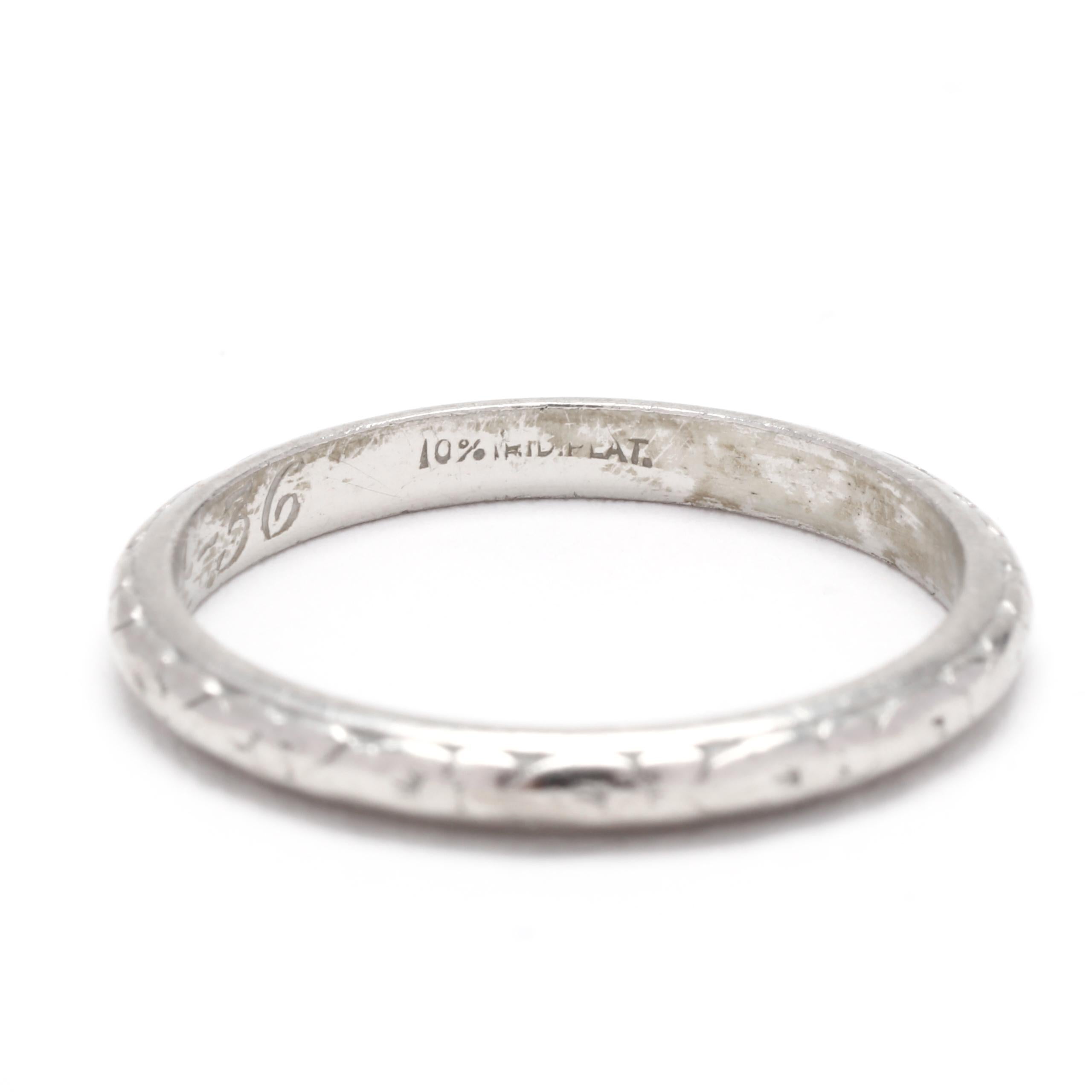 Art Deco Floral Engraved Wedding Band, Platinum, Ring Size 5.5, Thin Stackable In Good Condition In McLeansville, NC