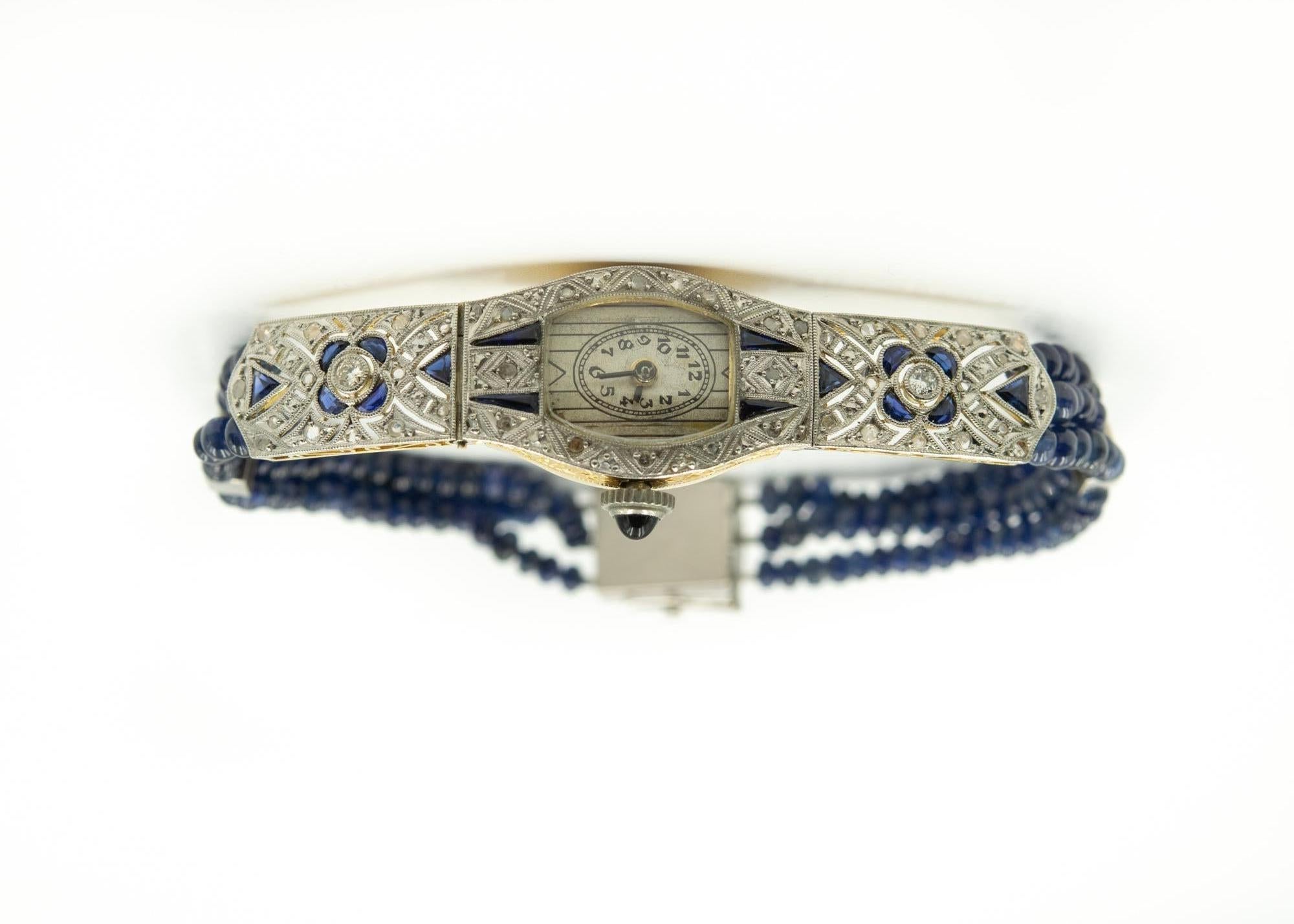 Round Cut Art Deco Floral Filagree Sapphire and Diamond Ladies Dress Watch Sapphire Band For Sale
