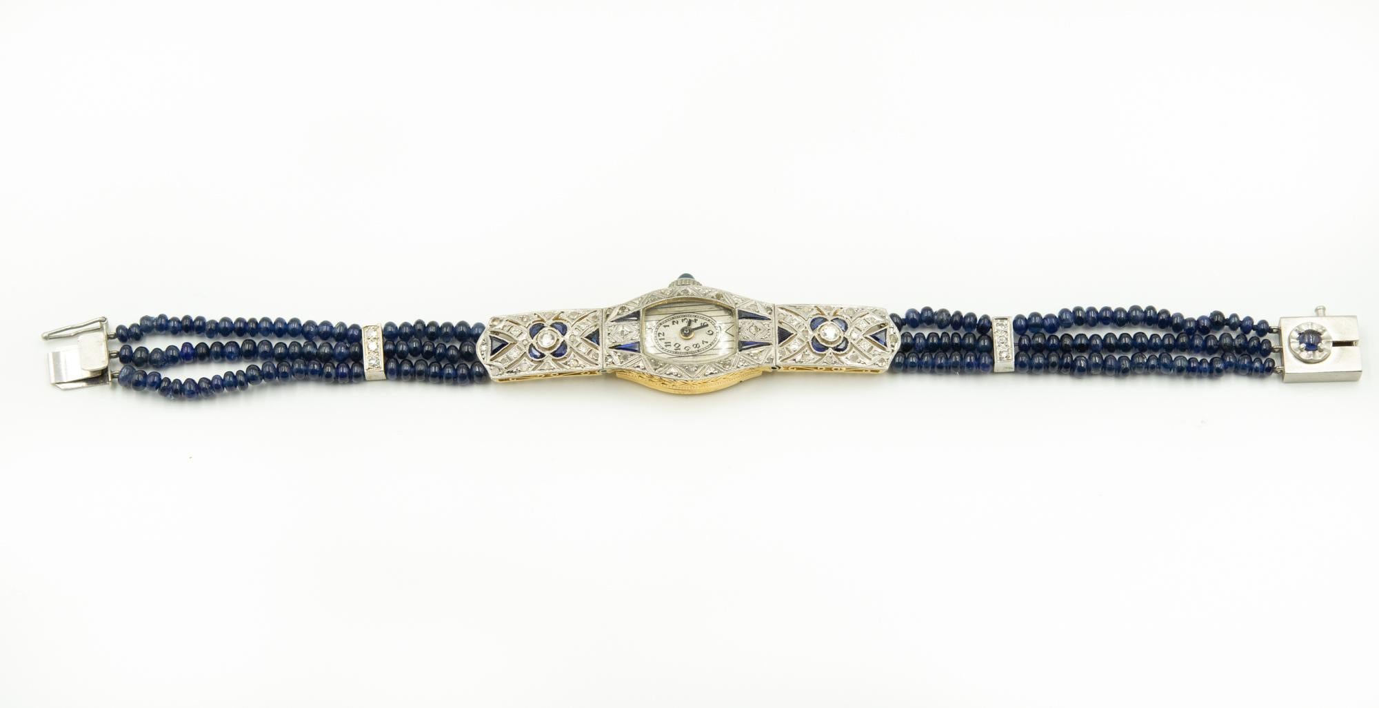 Art Deco Floral Filagree Sapphire and Diamond Ladies Dress Watch Sapphire Band In Good Condition For Sale In Miami Beach, FL